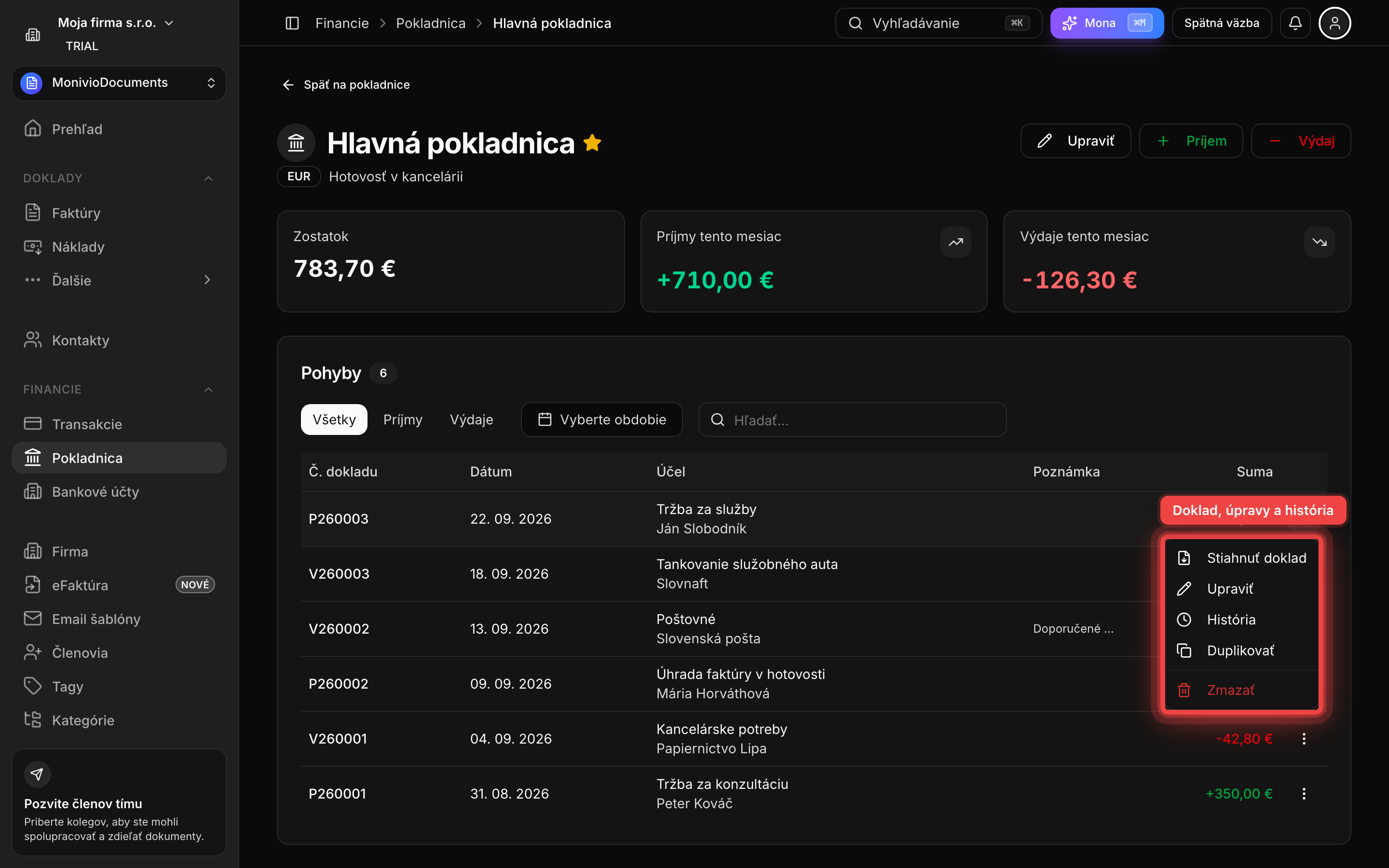 Otvorené menu pohybu s položkami Stiahnuť doklad, Upraviť, História, Duplikovať a Zmazať