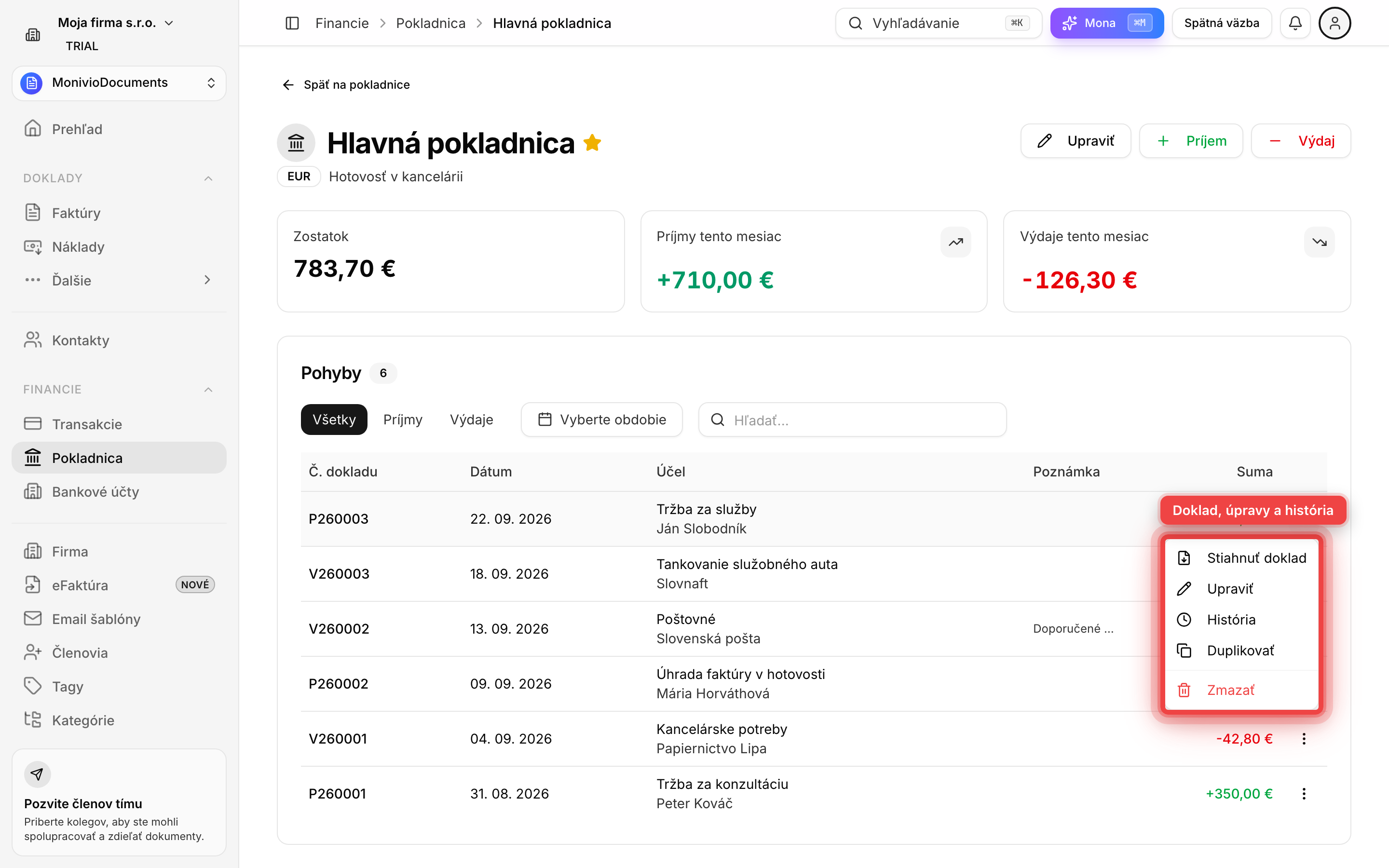 Otvorené menu pohybu s položkami Stiahnuť doklad, Upraviť, História, Duplikovať a Zmazať
