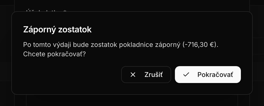 Upozornenie na záporný zostatok pokladnice po výdaji