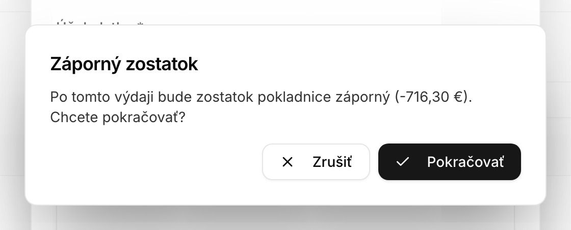 Upozornenie na záporný zostatok pokladnice po výdaji