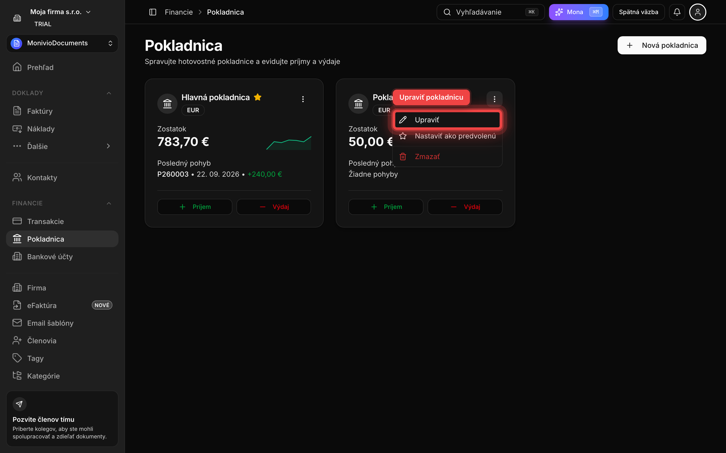 Otvorené menu karty pokladnice s položkami Upraviť, Nastaviť ako predvolenú a Zmazať