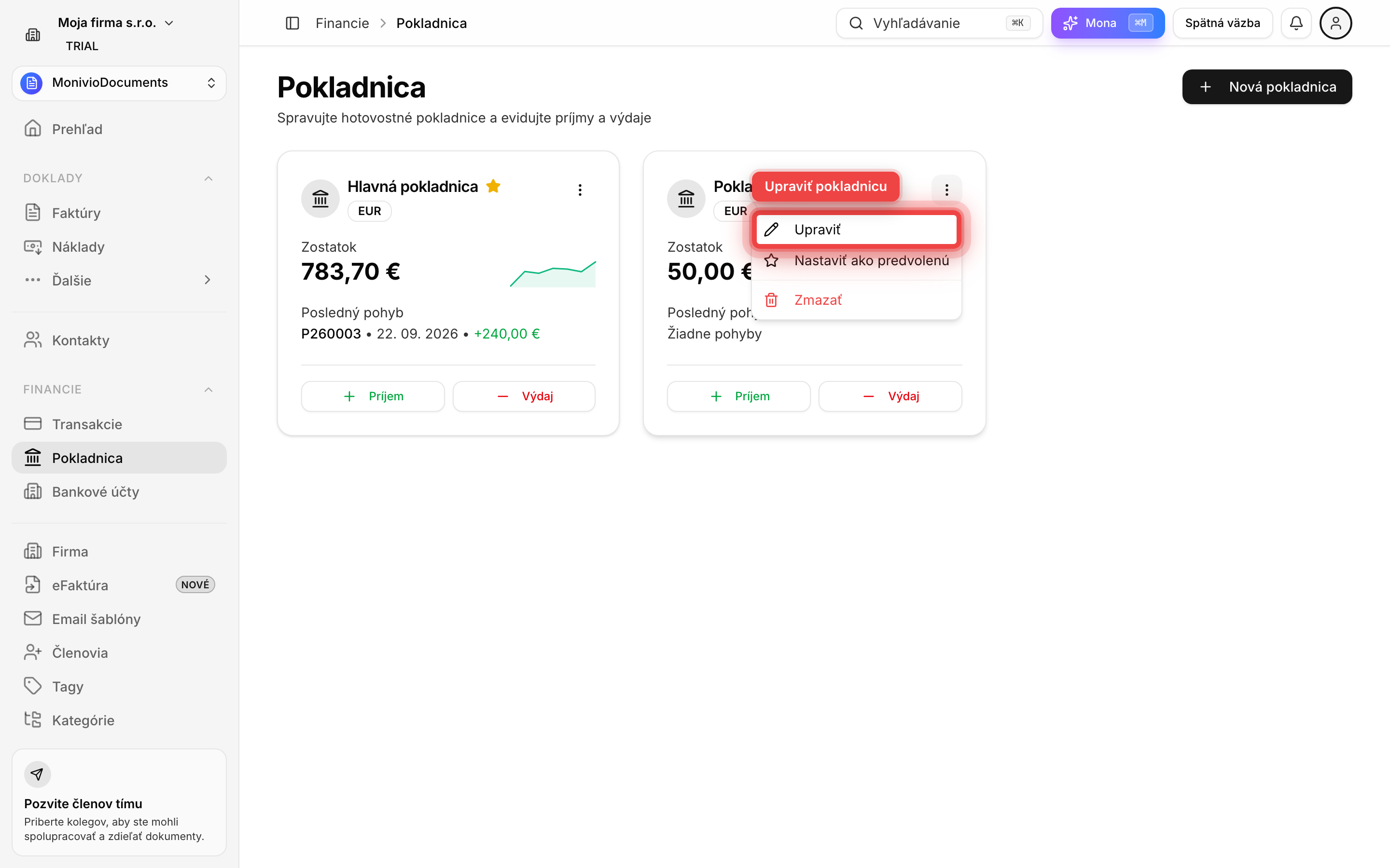Otvorené menu karty pokladnice s položkami Upraviť, Nastaviť ako predvolenú a Zmazať