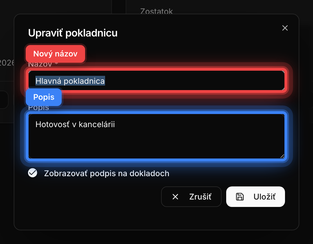 Formulár Upraviť pokladnicu s názvom, popisom a voľbou podpisu na dokladoch