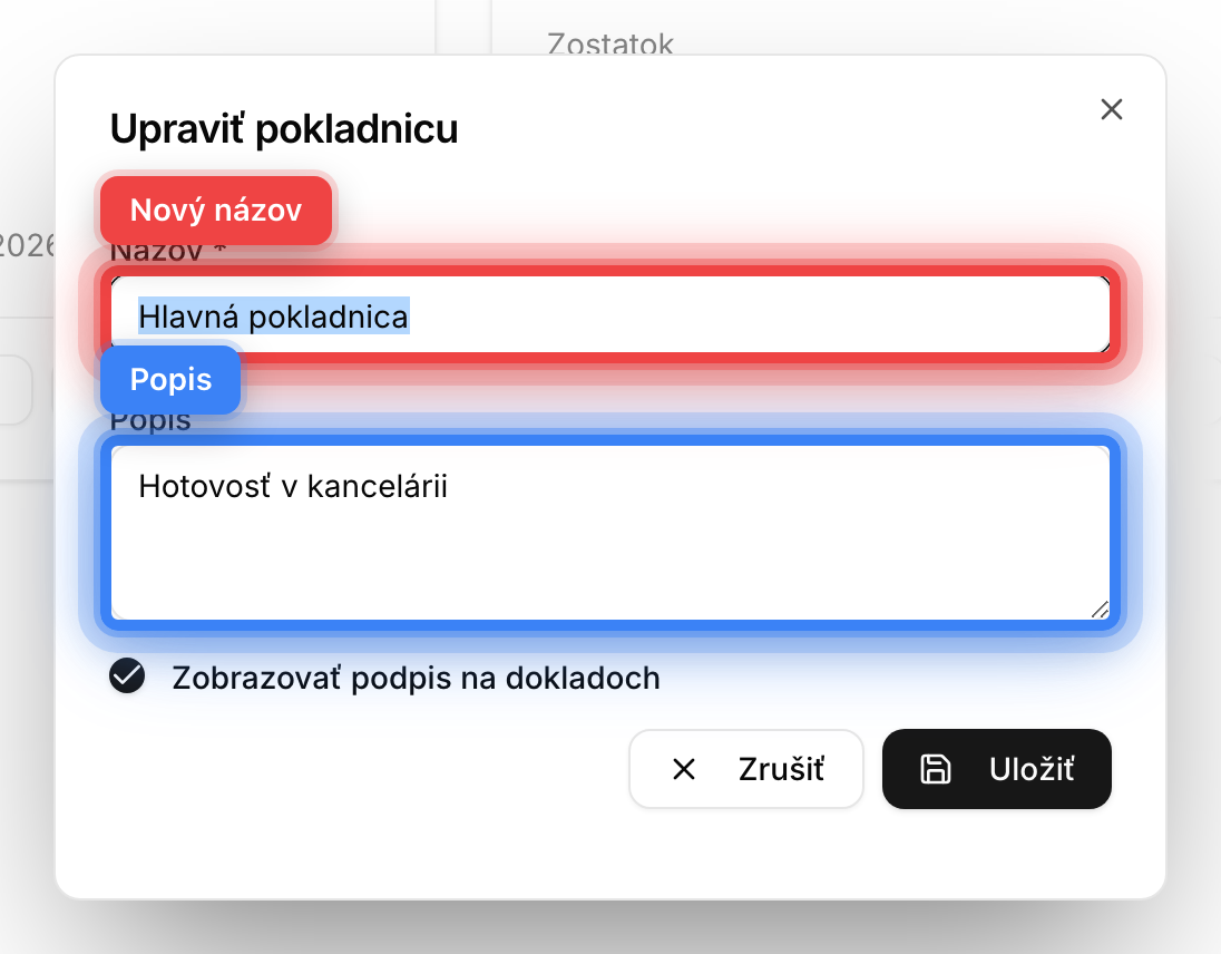 Formulár Upraviť pokladnicu s názvom, popisom a voľbou podpisu na dokladoch