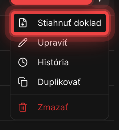 Menu pohybu v pokladnici so zvýraznenou položkou Stiahnuť doklad