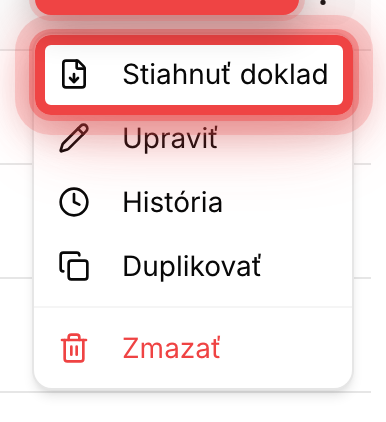 Menu pohybu v pokladnici so zvýraznenou položkou Stiahnuť doklad