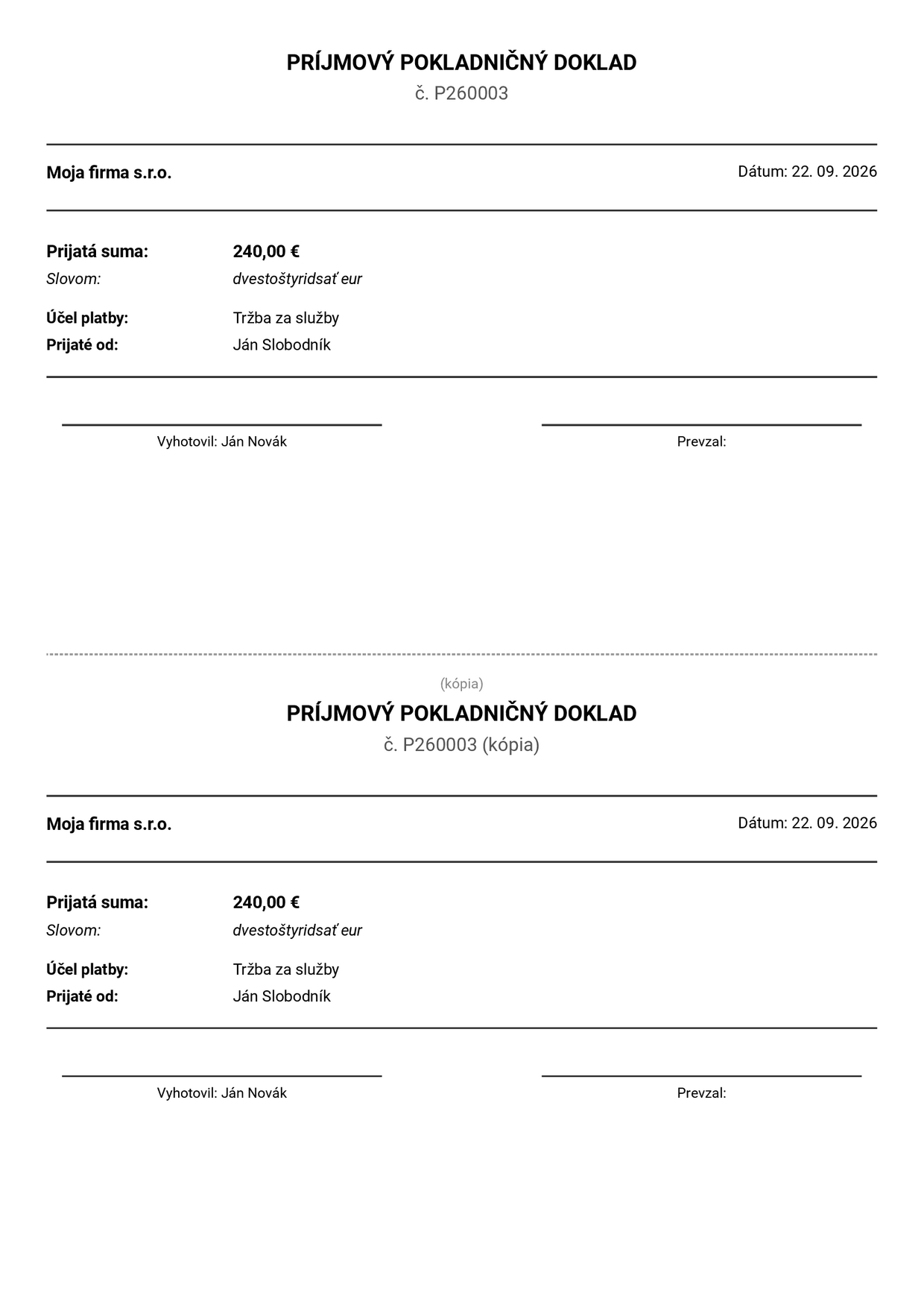 Príjmový pokladničný doklad v PDF s originálom a kópiou na jednej strane