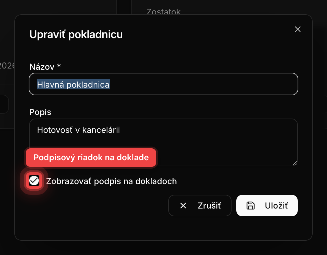 Formulár úpravy pokladnice so zvýraznenou voľbou Zobrazovať podpis na dokladoch