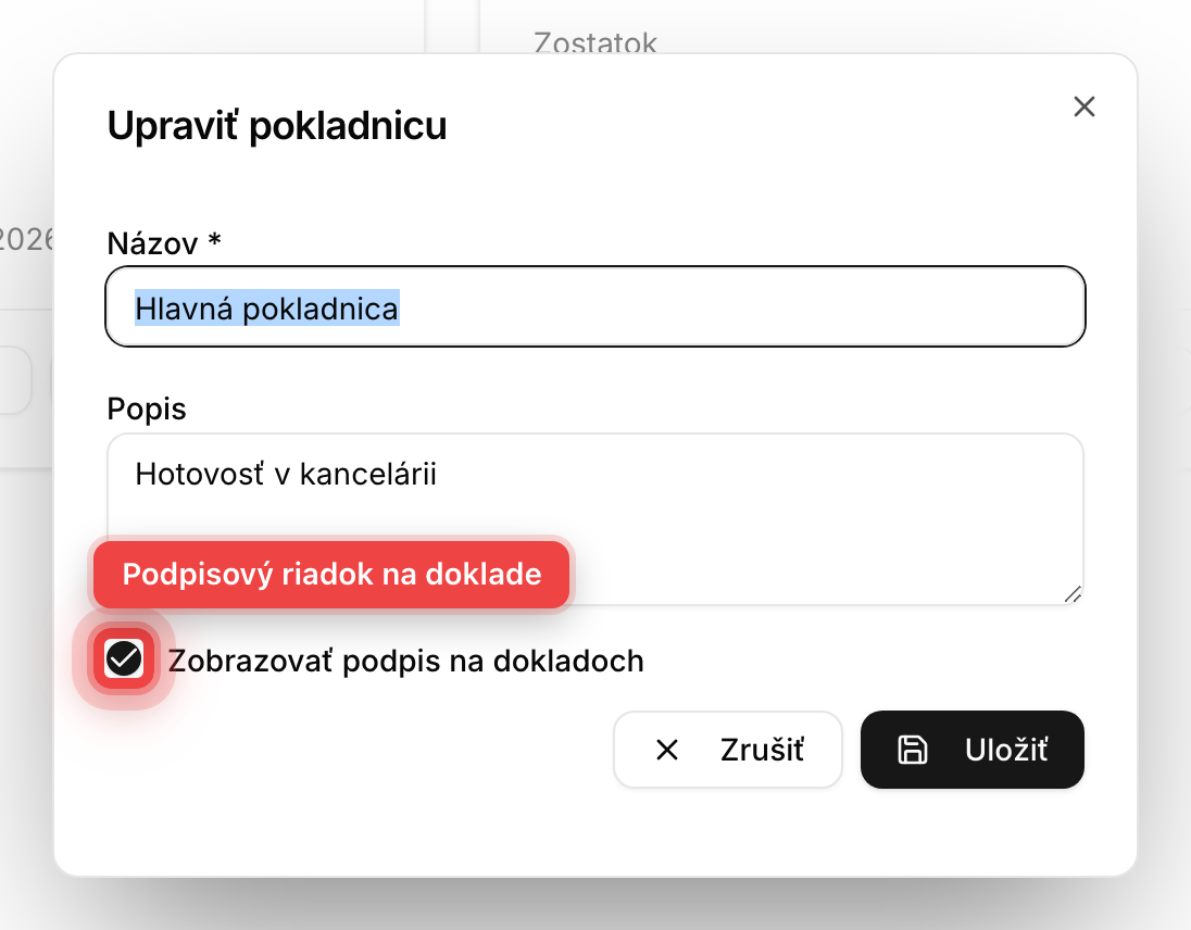 Formulár úpravy pokladnice so zvýraznenou voľbou Zobrazovať podpis na dokladoch