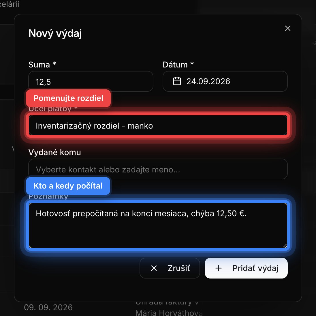 Formulár nového výdaja s účelom Inventarizačný rozdiel - manko a poznámkou o prepočítaní hotovosti