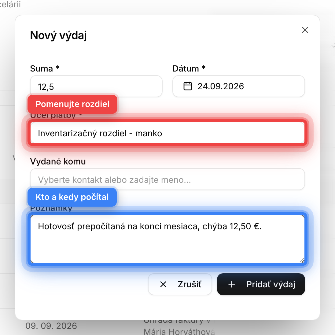 Formulár nového výdaja s účelom Inventarizačný rozdiel - manko a poznámkou o prepočítaní hotovosti