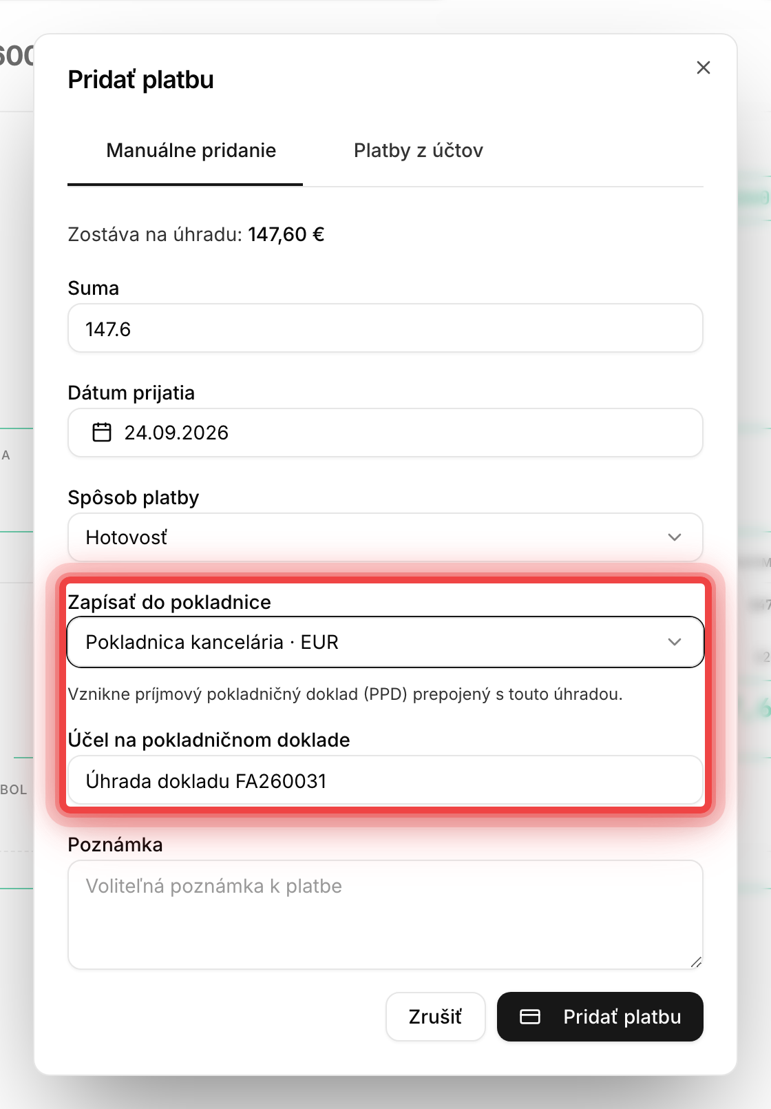 Dialóg pridania platby so spôsobom úhrady Hotovosť, výberom pokladnice a účelom pokladničného dokladu