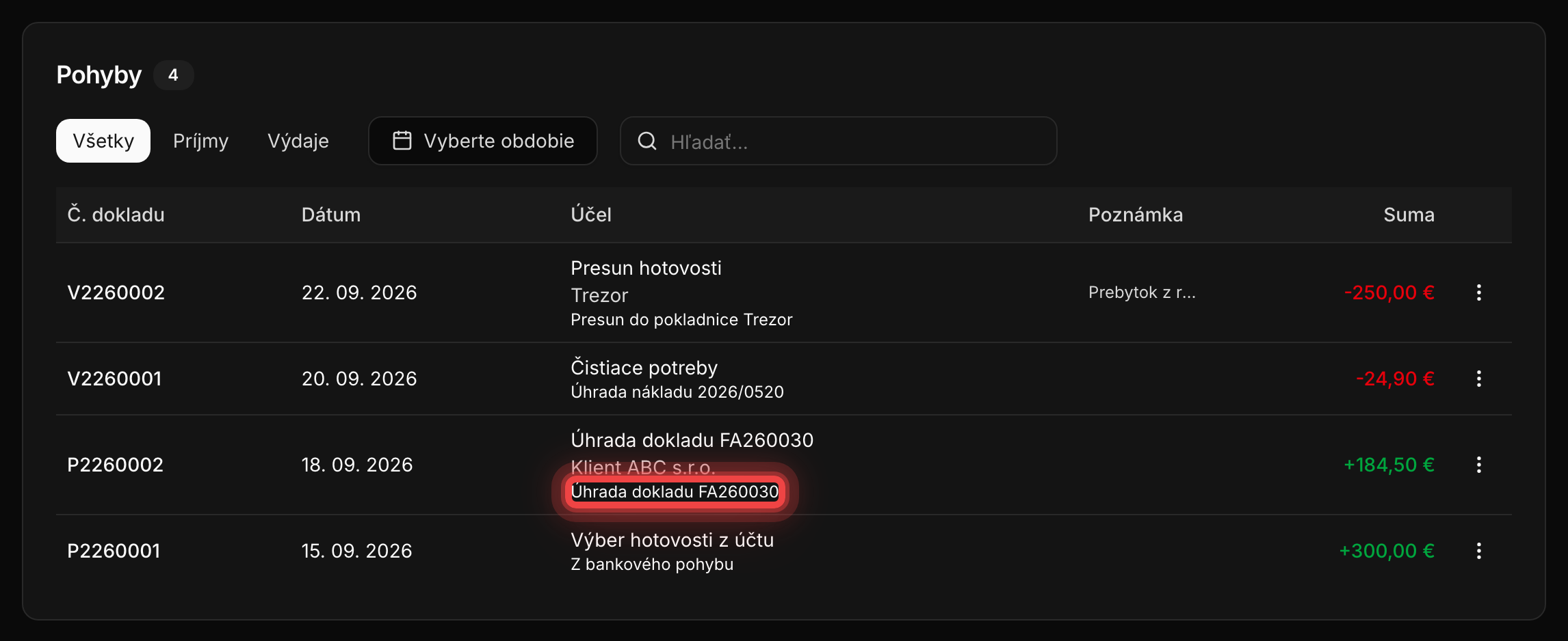 Zoznam pohybov pokladnice s príjmom, ktorý má odkaz Úhrada dokladu a číslo faktúry