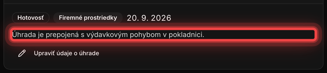 Prehľad úhrady nákladu s informáciou o prepojení s výdavkovým pohybom v pokladnici