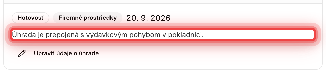 Prehľad úhrady nákladu s informáciou o prepojení s výdavkovým pohybom v pokladnici