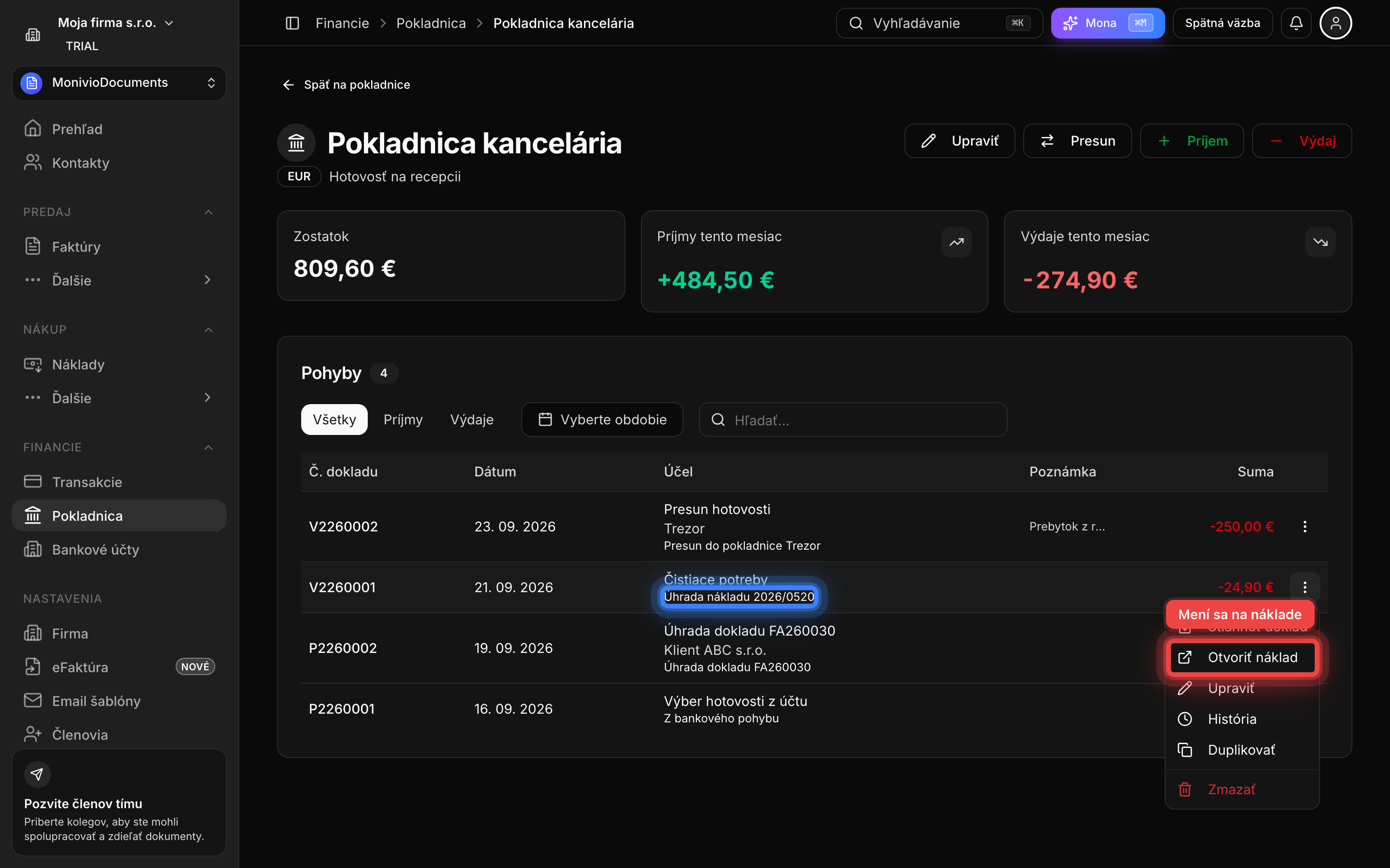 Detail pokladnice s výdajom prepojeným s nákladom a otvoreným menu s položkou Otvoriť náklad