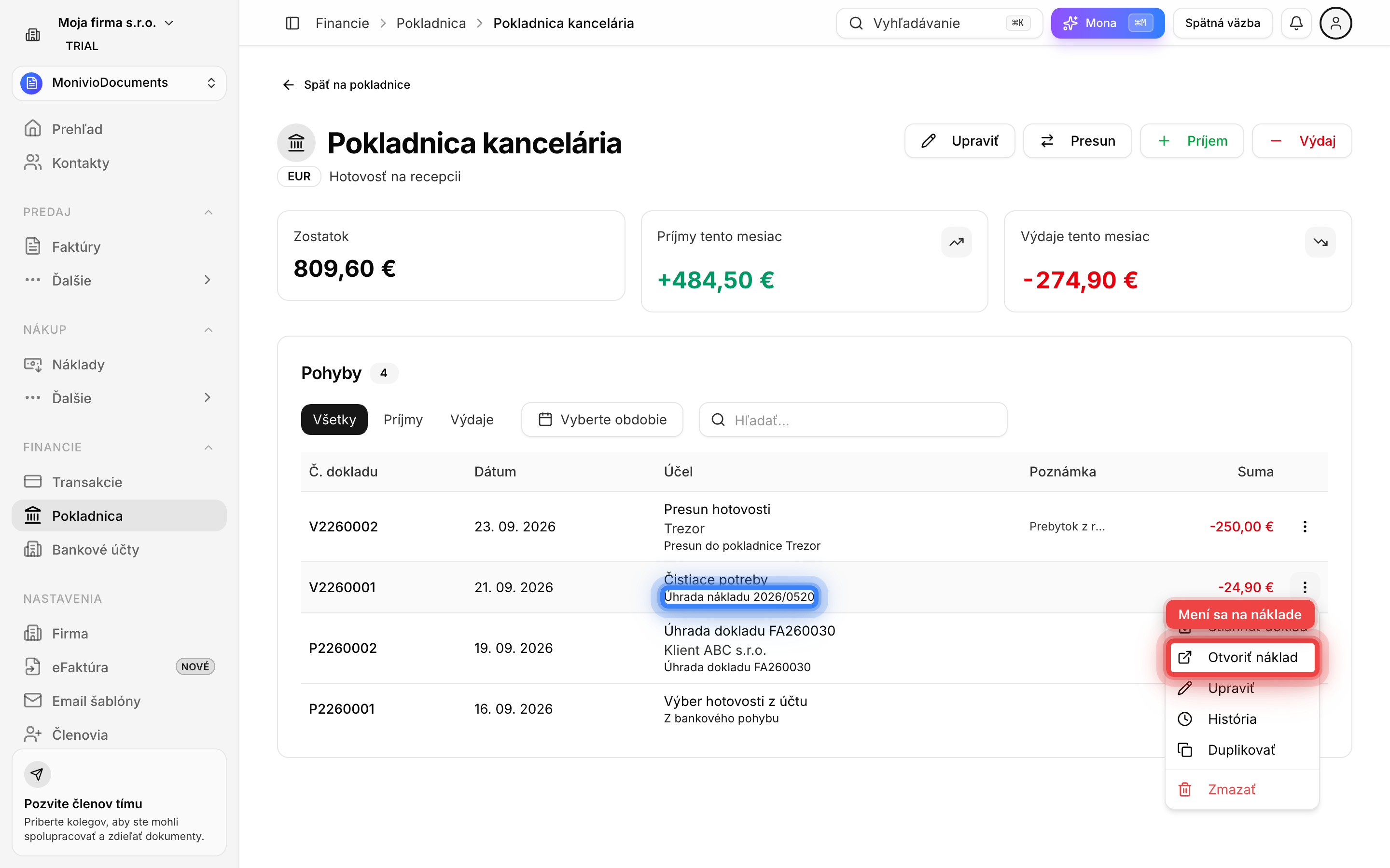Detail pokladnice s výdajom prepojeným s nákladom a otvoreným menu s položkou Otvoriť náklad