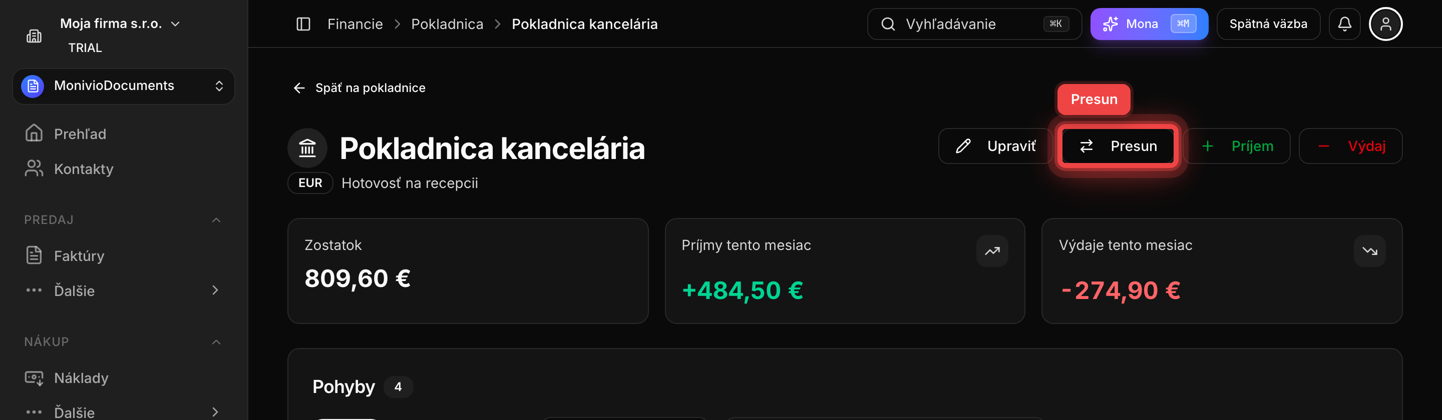 Hlavička detailu pokladnice so zvýrazneným tlačidlom Presun
