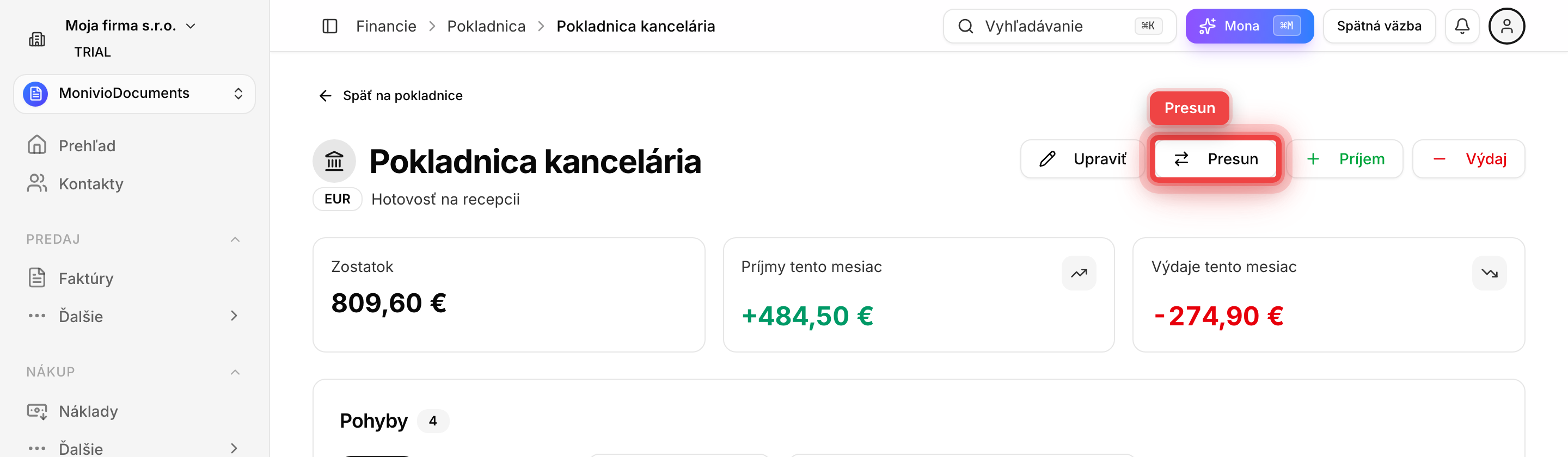 Hlavička detailu pokladnice so zvýrazneným tlačidlom Presun
