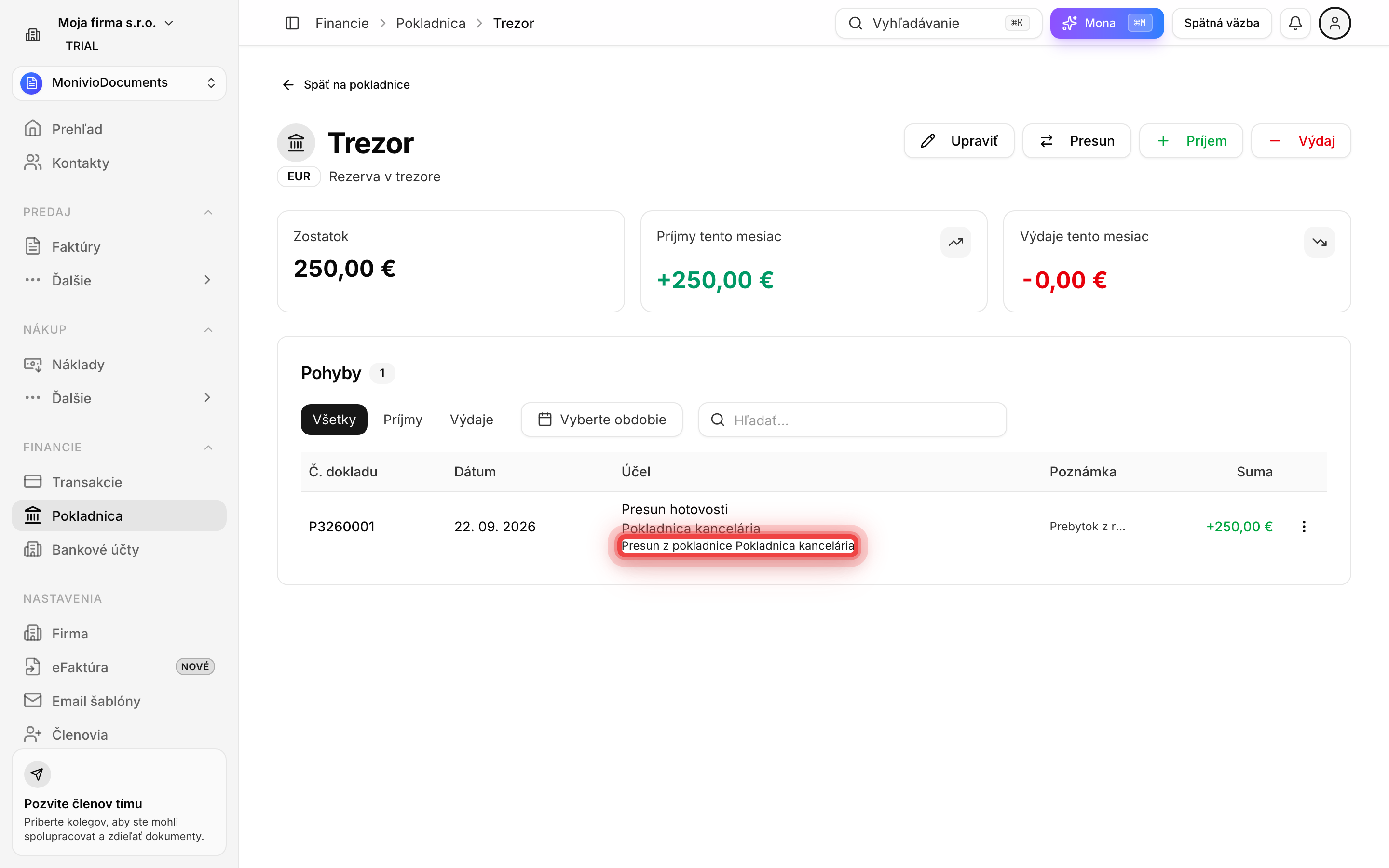 Detail cieľovej pokladnice s príjmom, ktorý má odkaz Presun z pokladnice