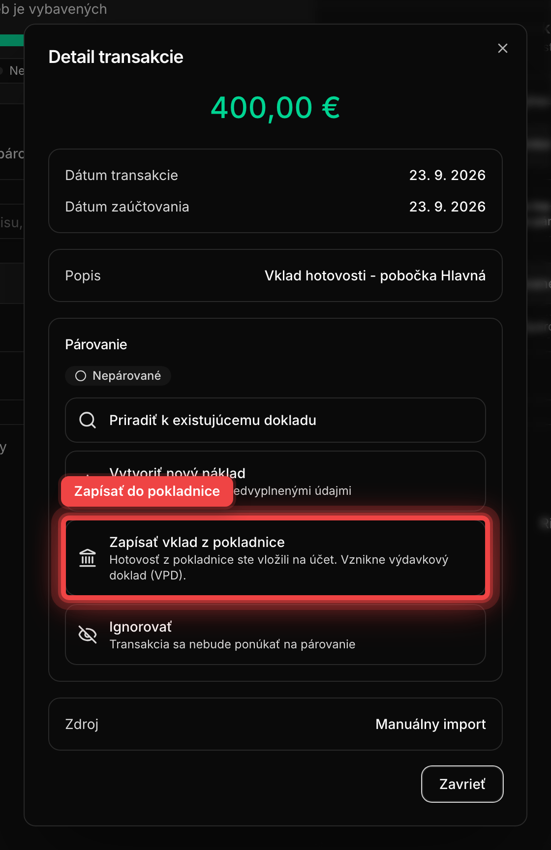 Detail bankového pohybu s možnosťou Zapísať vklad z pokladnice
