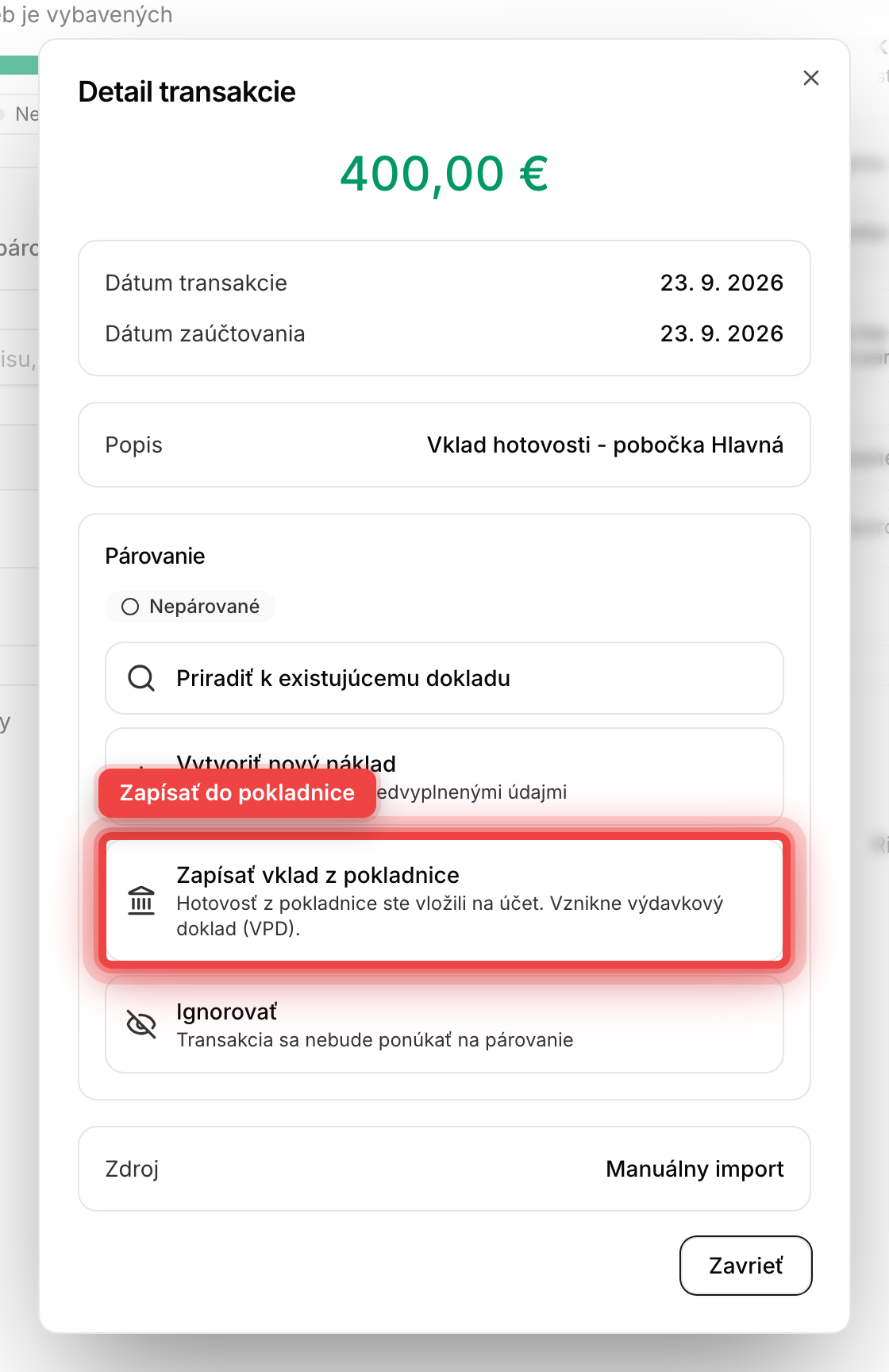 Detail bankového pohybu s možnosťou Zapísať vklad z pokladnice