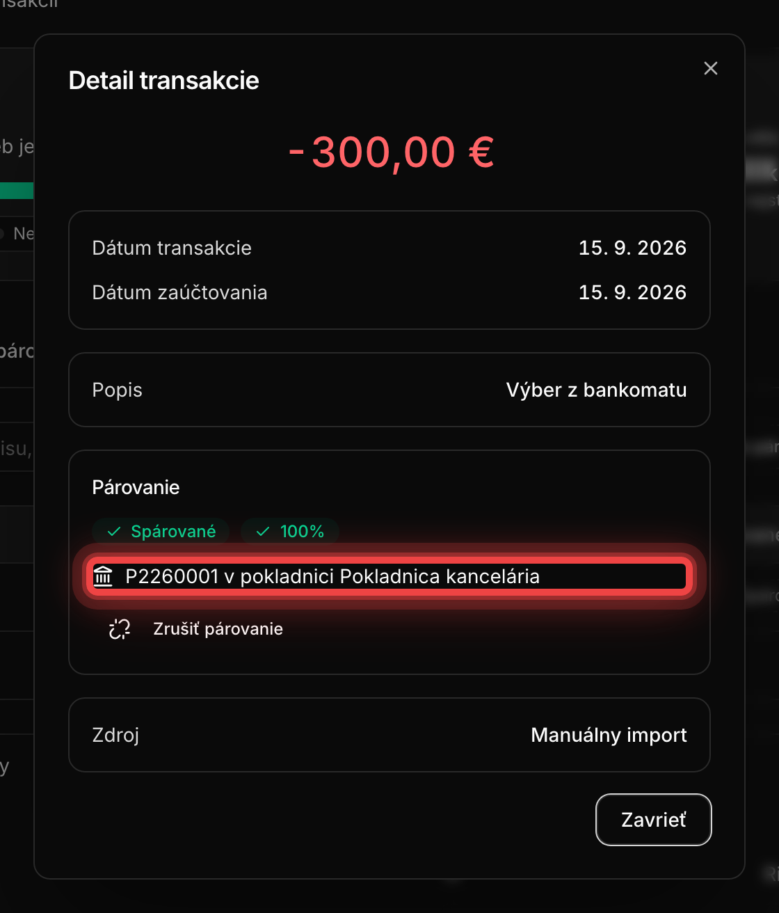 Detail spárovaného bankového pohybu s odkazom na pokladnicu a číslo pokladničného dokladu