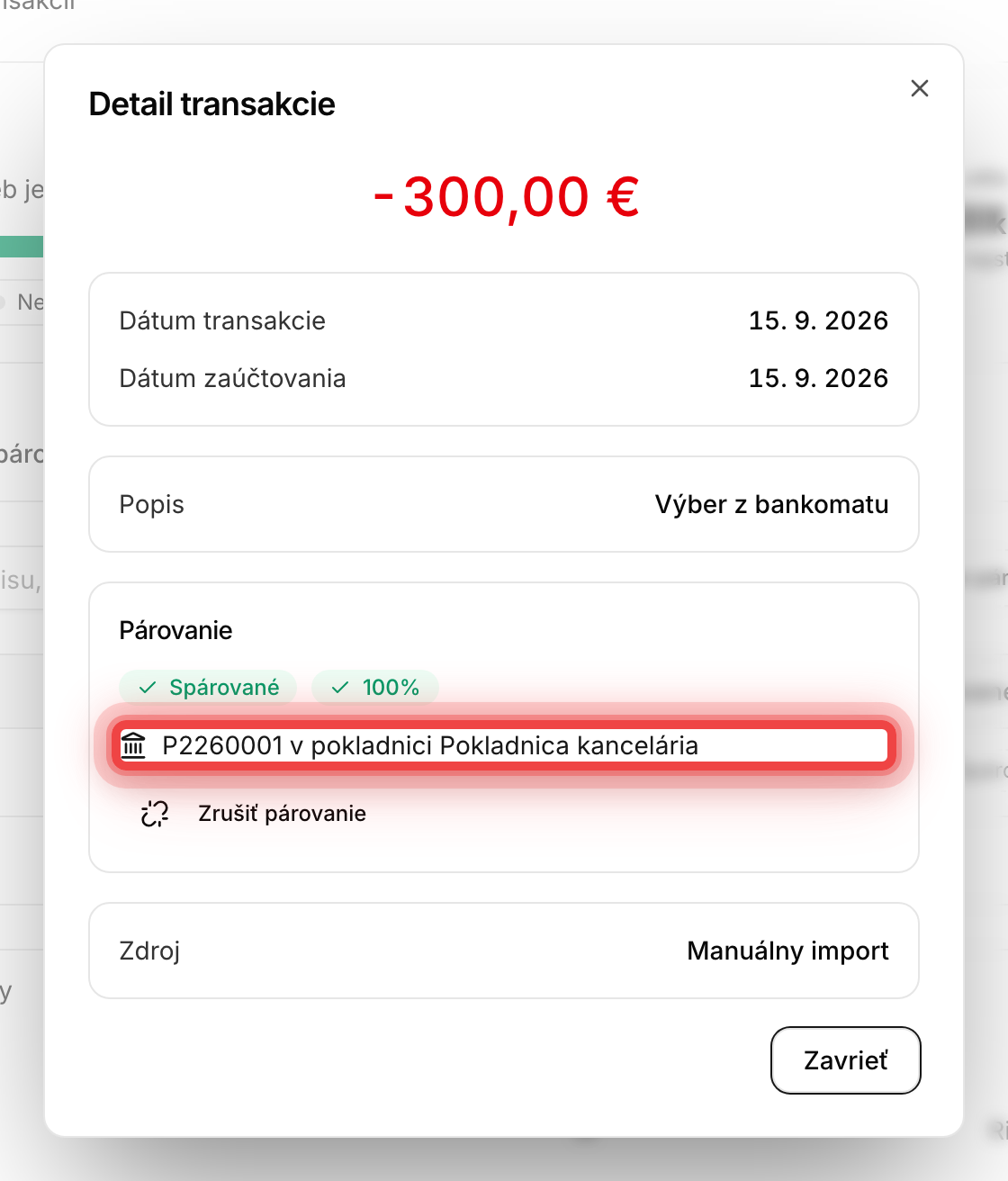Detail spárovaného bankového pohybu s odkazom na pokladnicu a číslo pokladničného dokladu