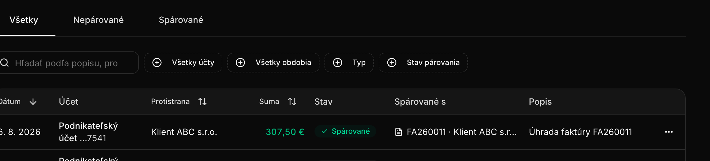 Filtre nad zoznamom transakcií