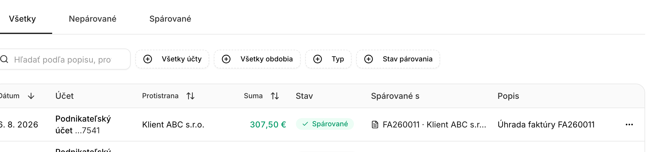 Filtre nad zoznamom transakcií