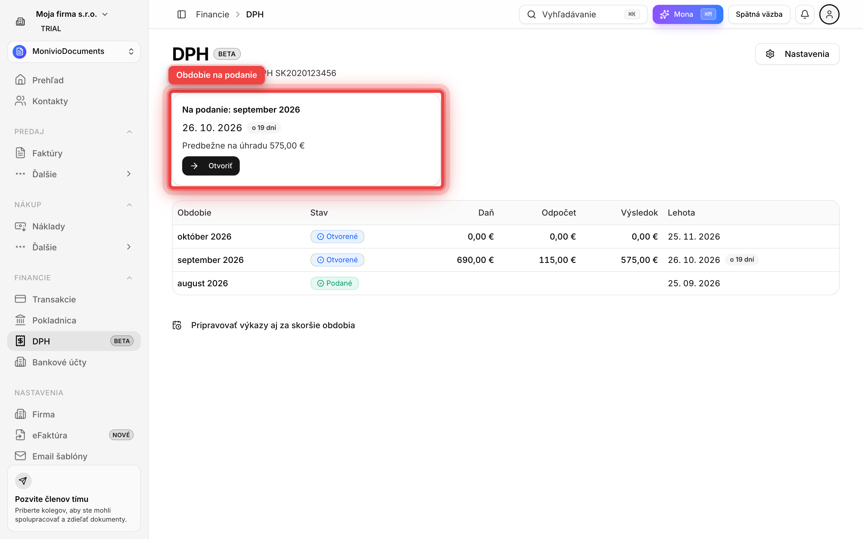 Zoznam období DPH so stavom, lehotou a výsledkom každého obdobia