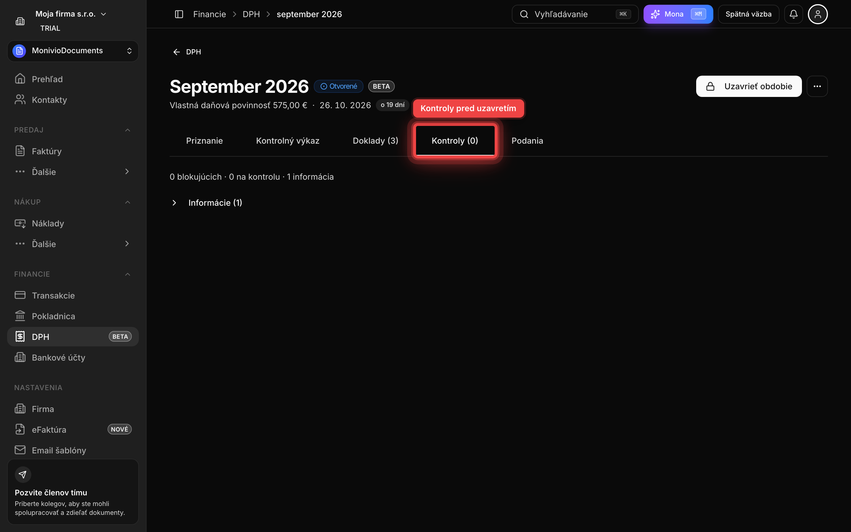 Tab Kontroly so zoznamom kontrol pred uzavretím obdobia