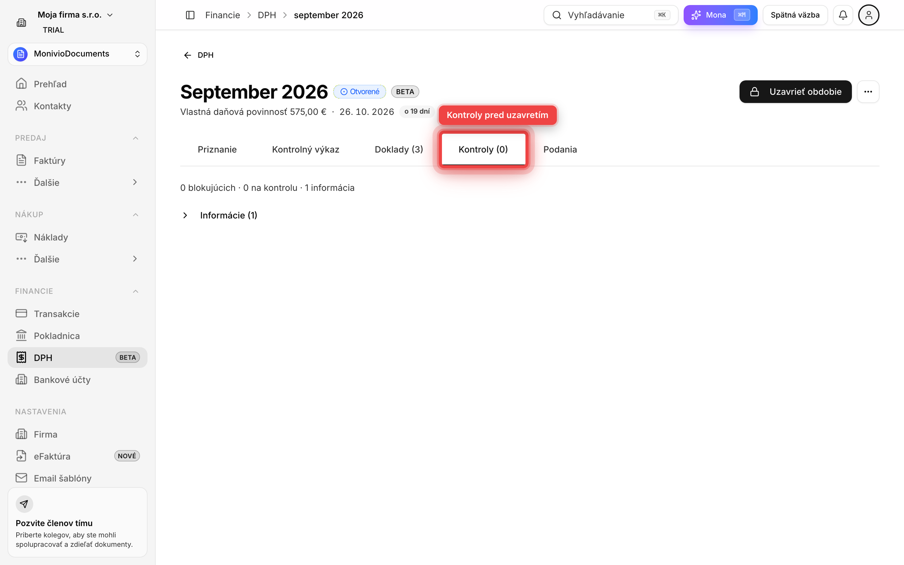 Tab Kontroly so zoznamom kontrol pred uzavretím obdobia