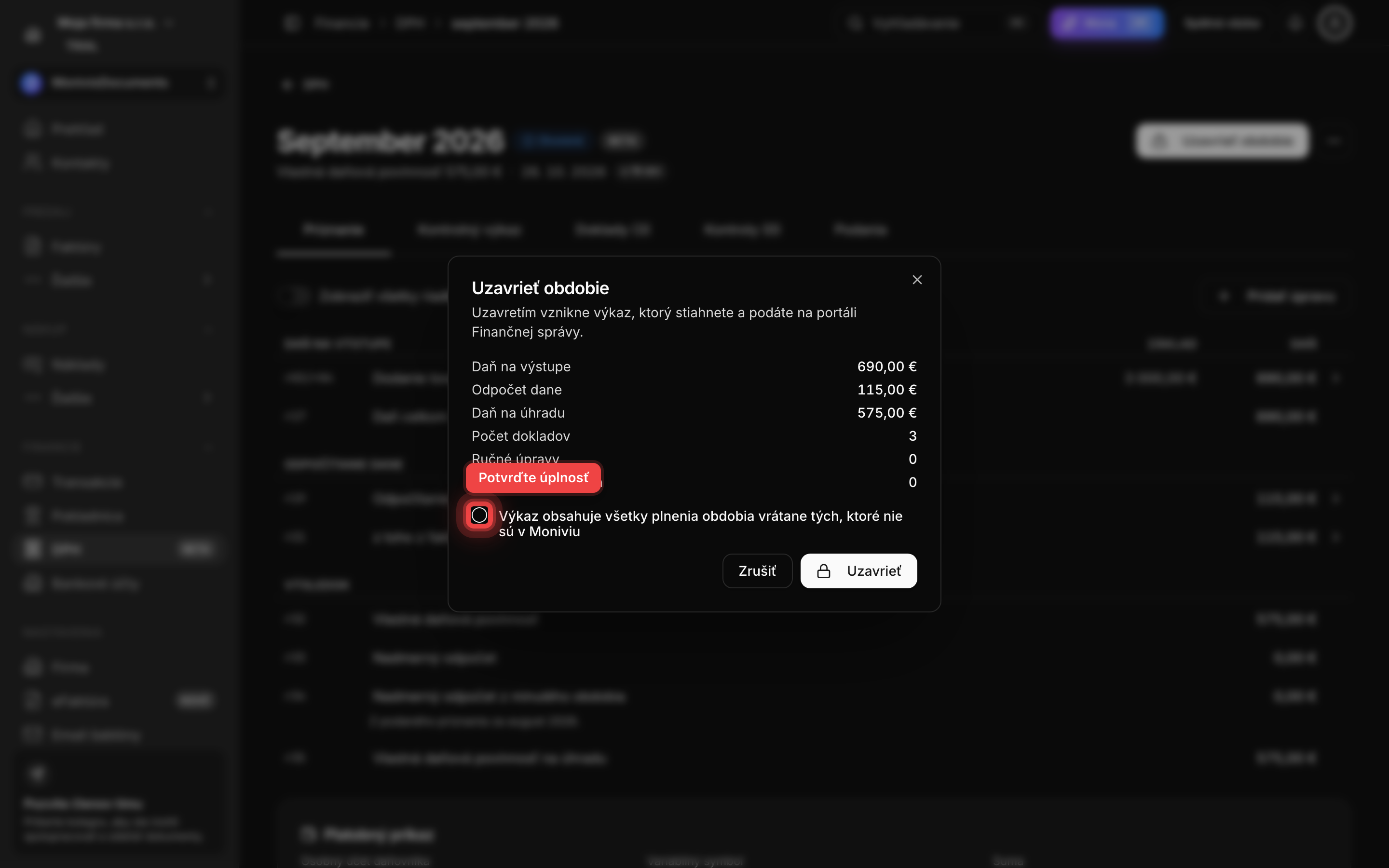 Dialóg Uzavrieť obdobie so súhrnom dane, odpočtu a potvrdením úplnosti