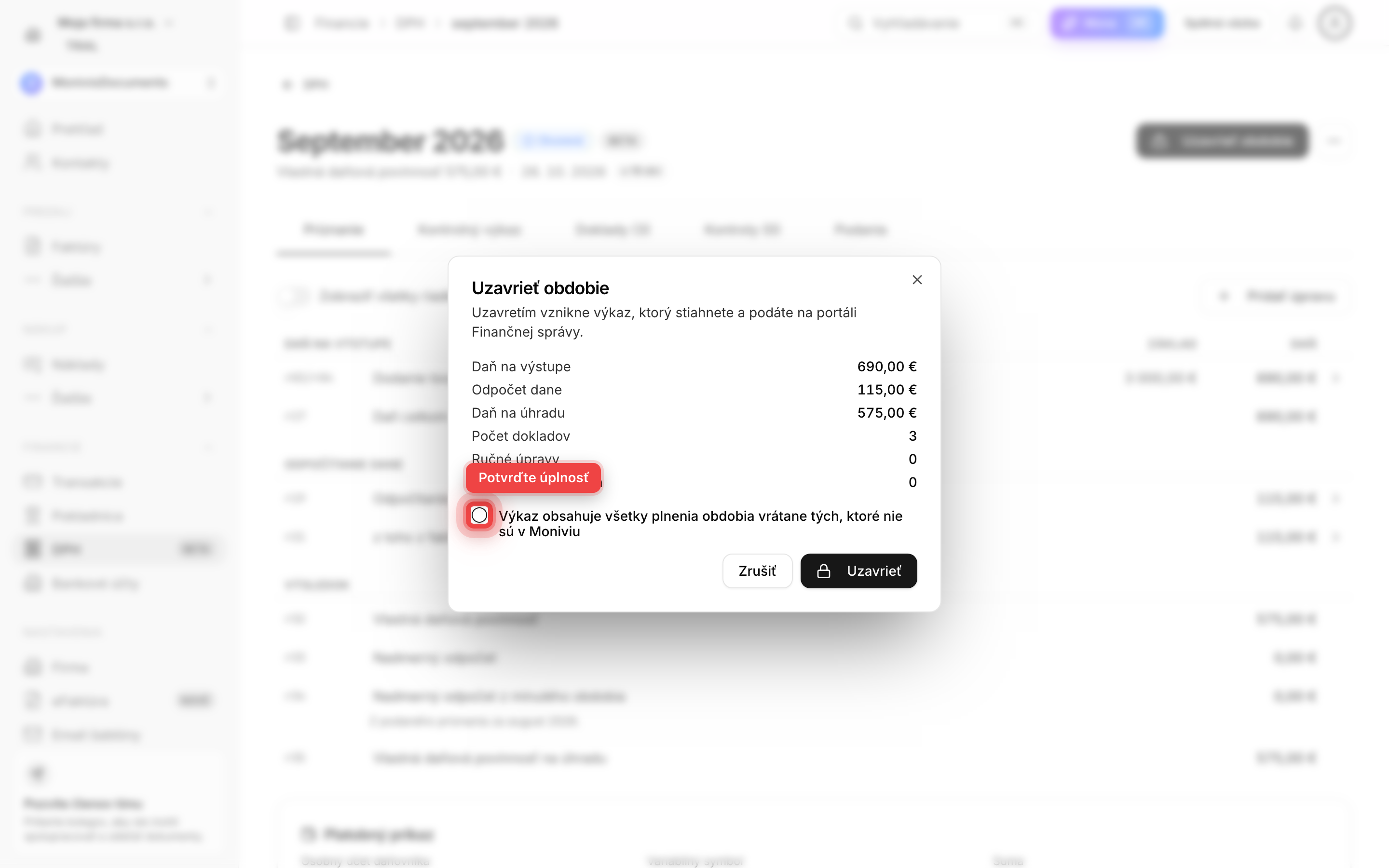 Dialóg Uzavrieť obdobie so súhrnom dane, odpočtu a potvrdením úplnosti