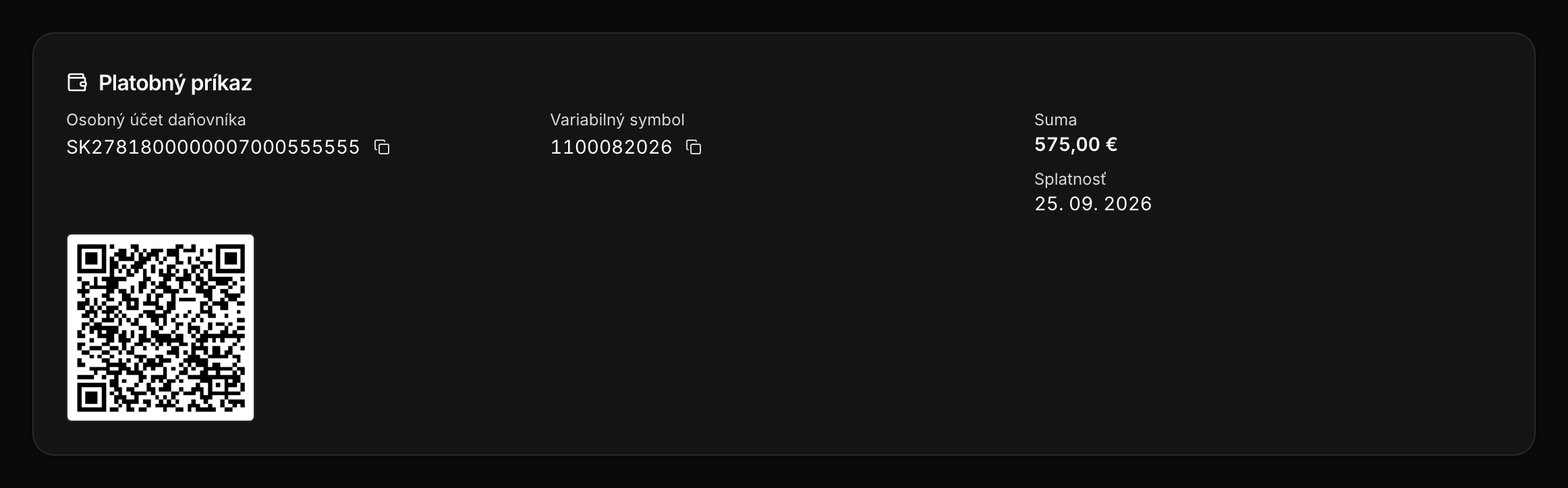 Platobný príkaz s IBAN osobného účtu daňovníka, variabilným symbolom a QR kódom