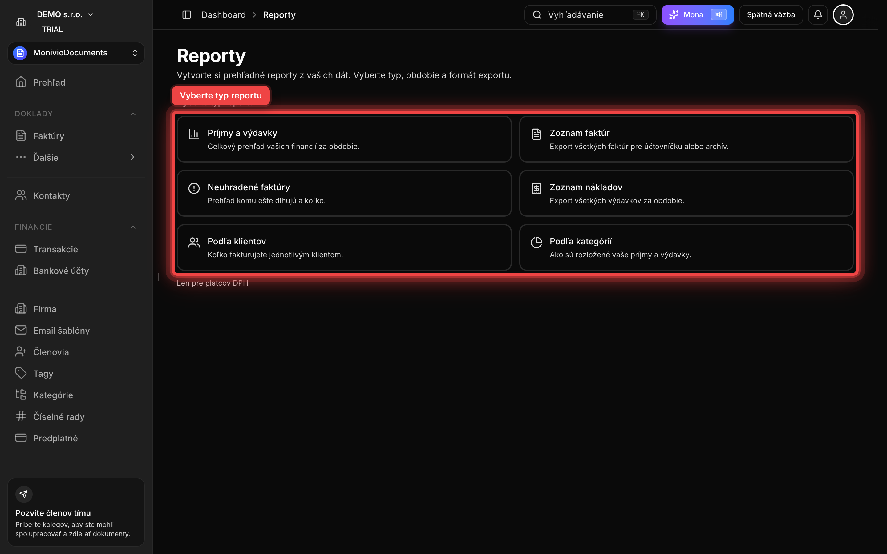 Stránka Reporty s vyznačeným výberom typu reportu