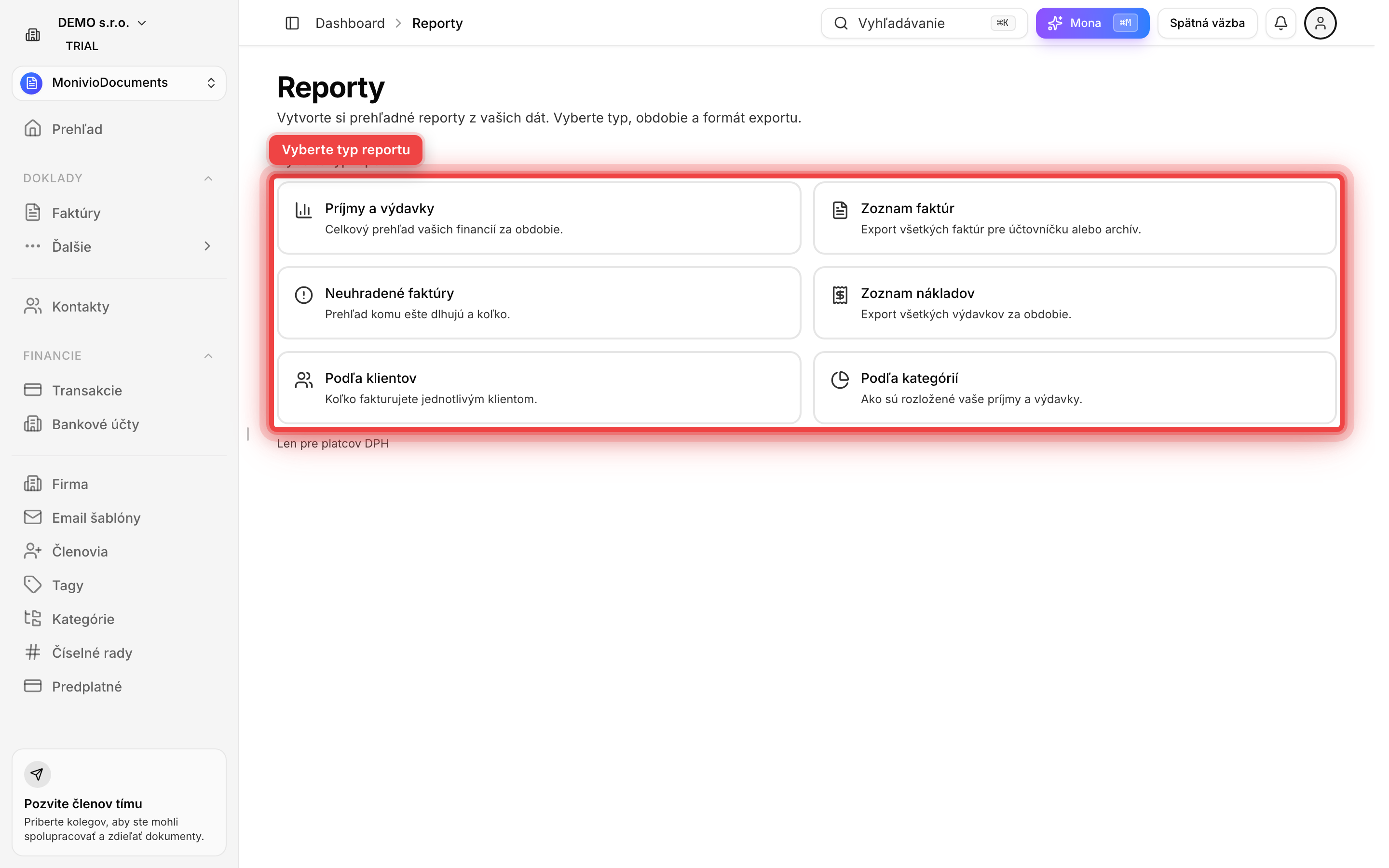 Stránka Reporty s vyznačeným výberom typu reportu