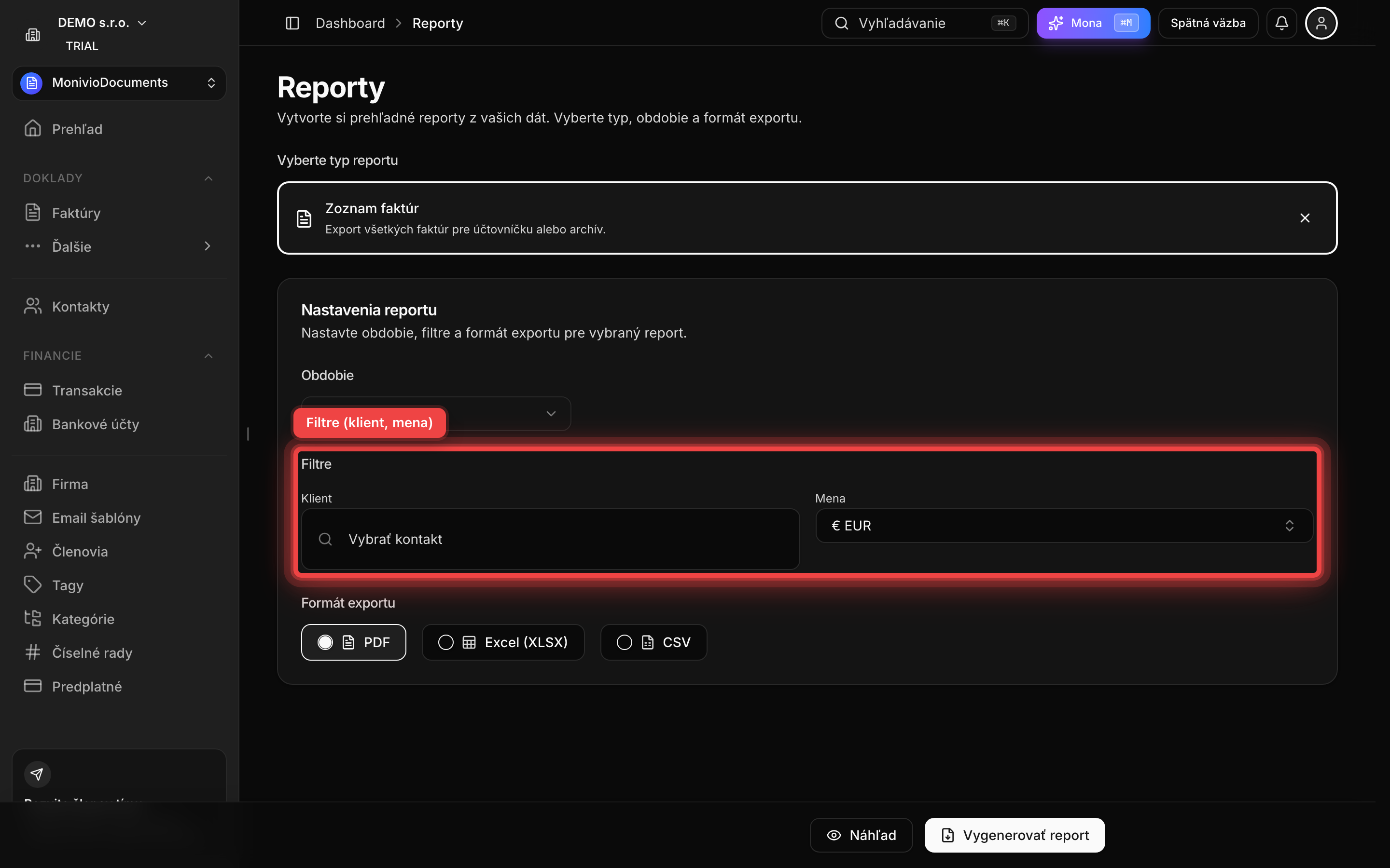 Sekcia filtrov reportu — výber klienta a meny