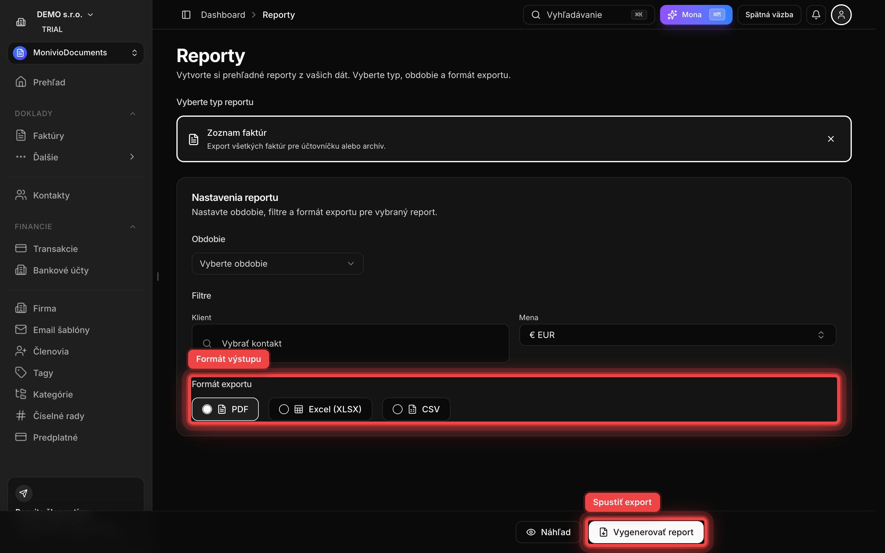 Výber formátu výstupu a tlačidlo Spustiť export v spodnej lište