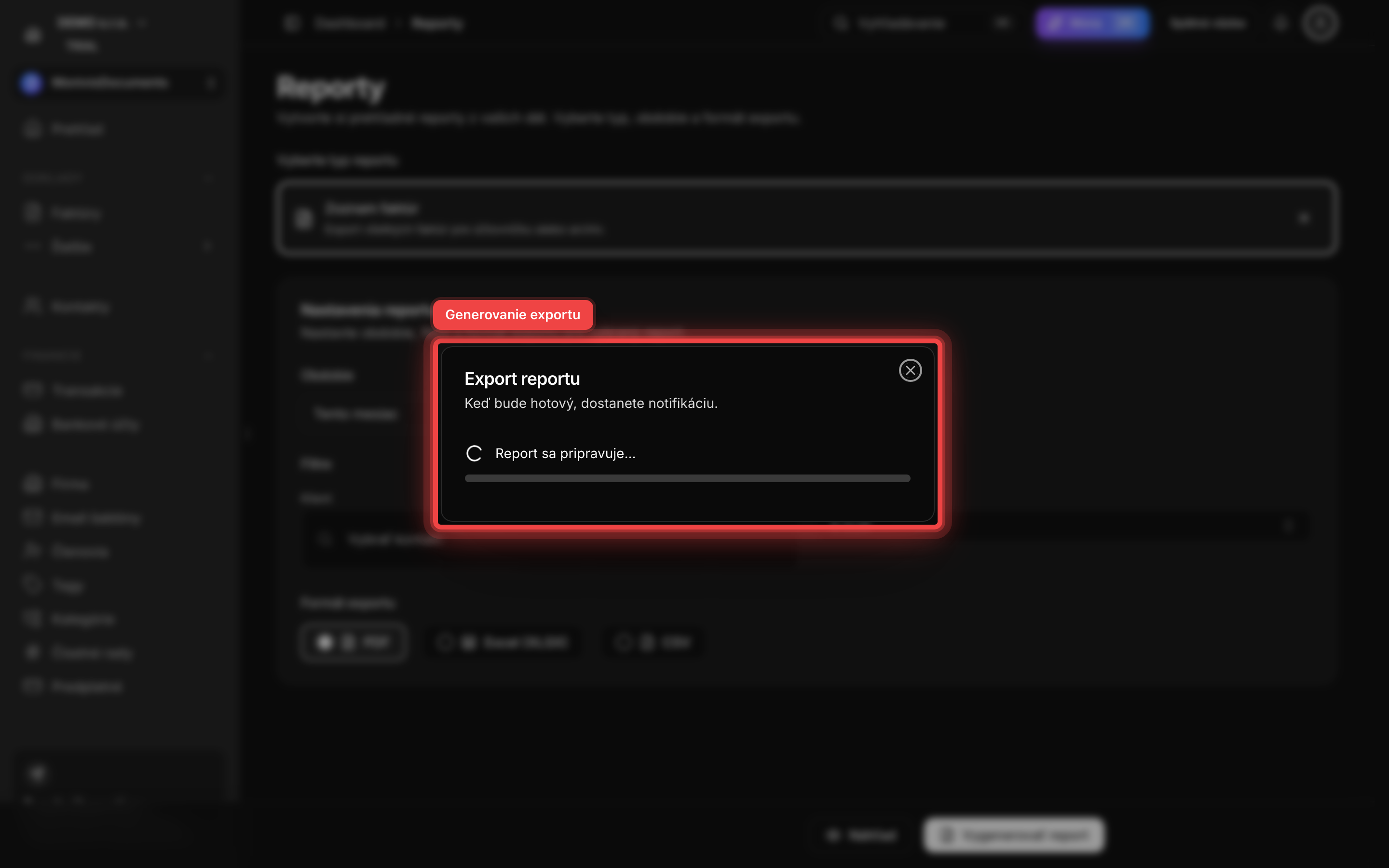 Progress dialog generovania exportu