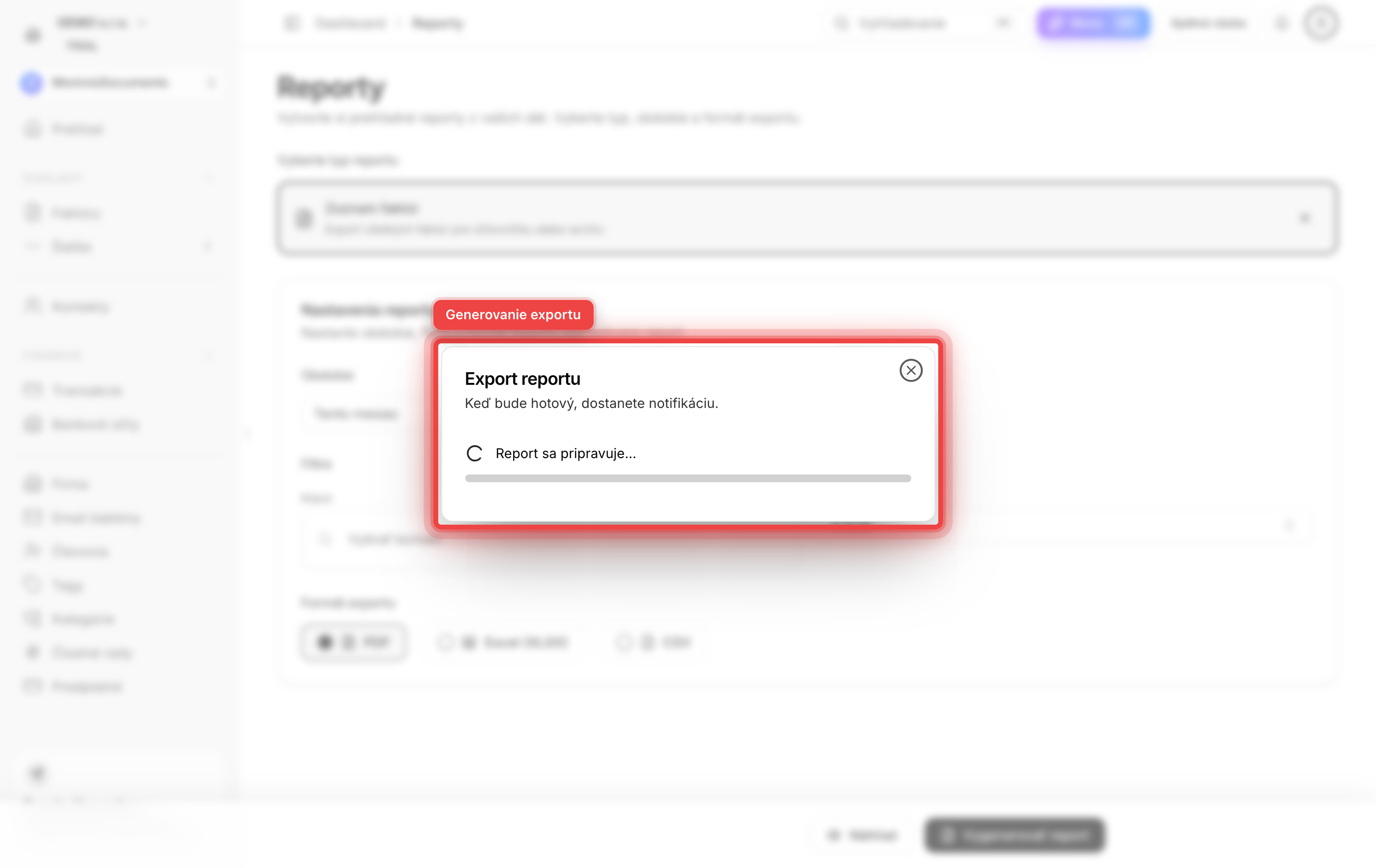 Progress dialog generovania exportu