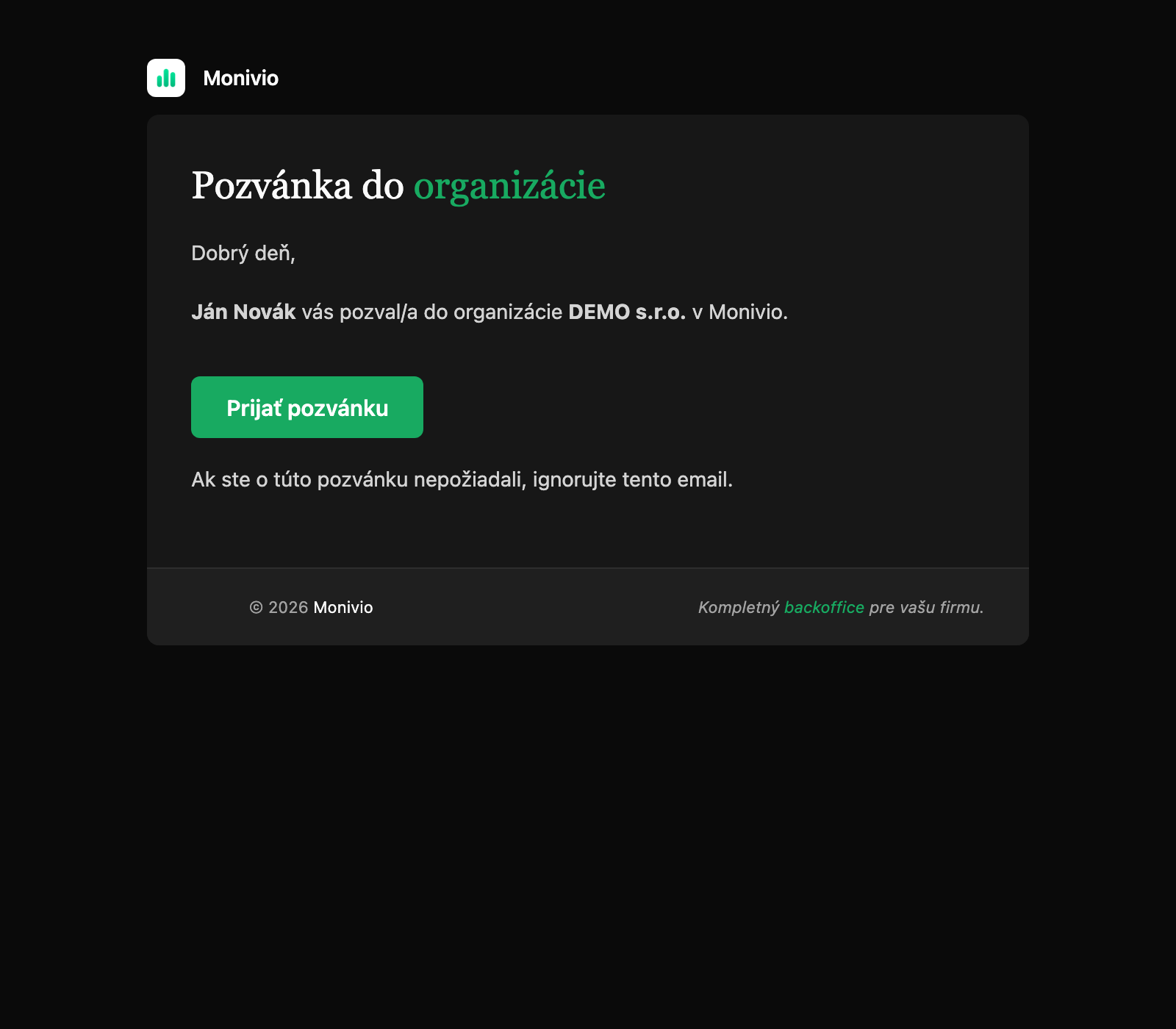 Obsah pozývacieho emailu s tlačidlom Prijať pozvánku