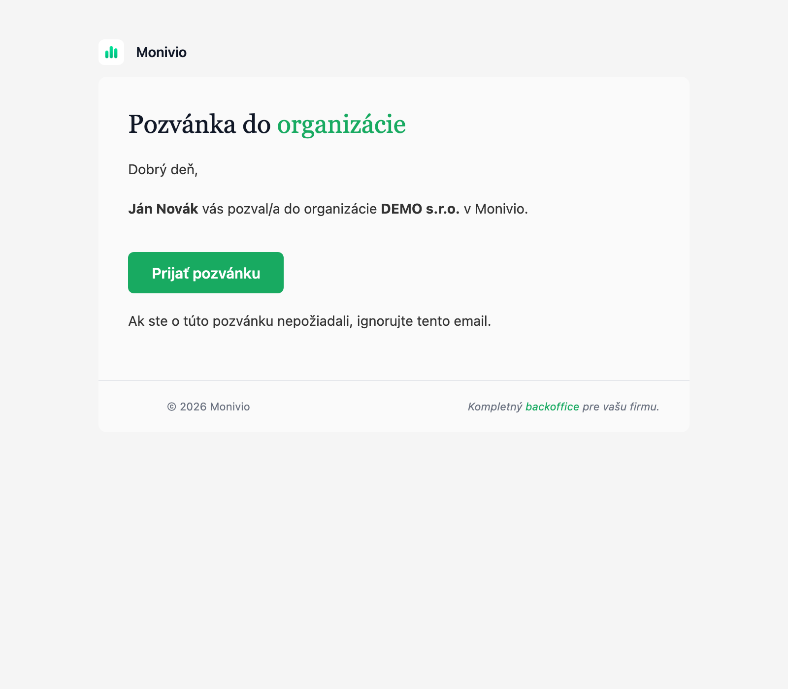 Obsah pozývacieho emailu s tlačidlom Prijať pozvánku