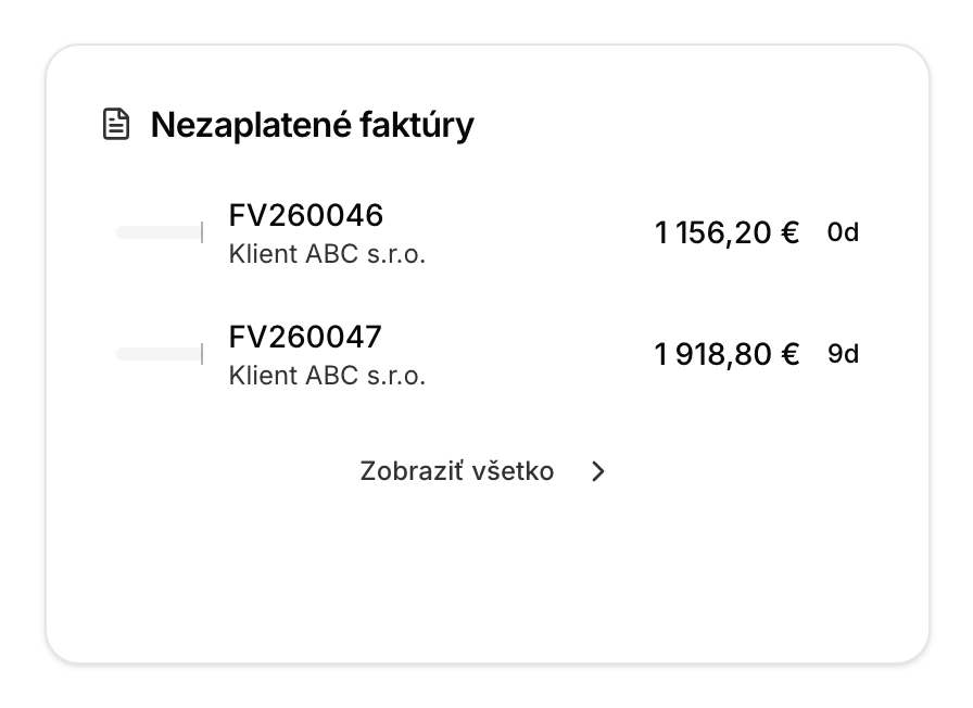 Widgety Nezaplatené faktúry a Top klienti