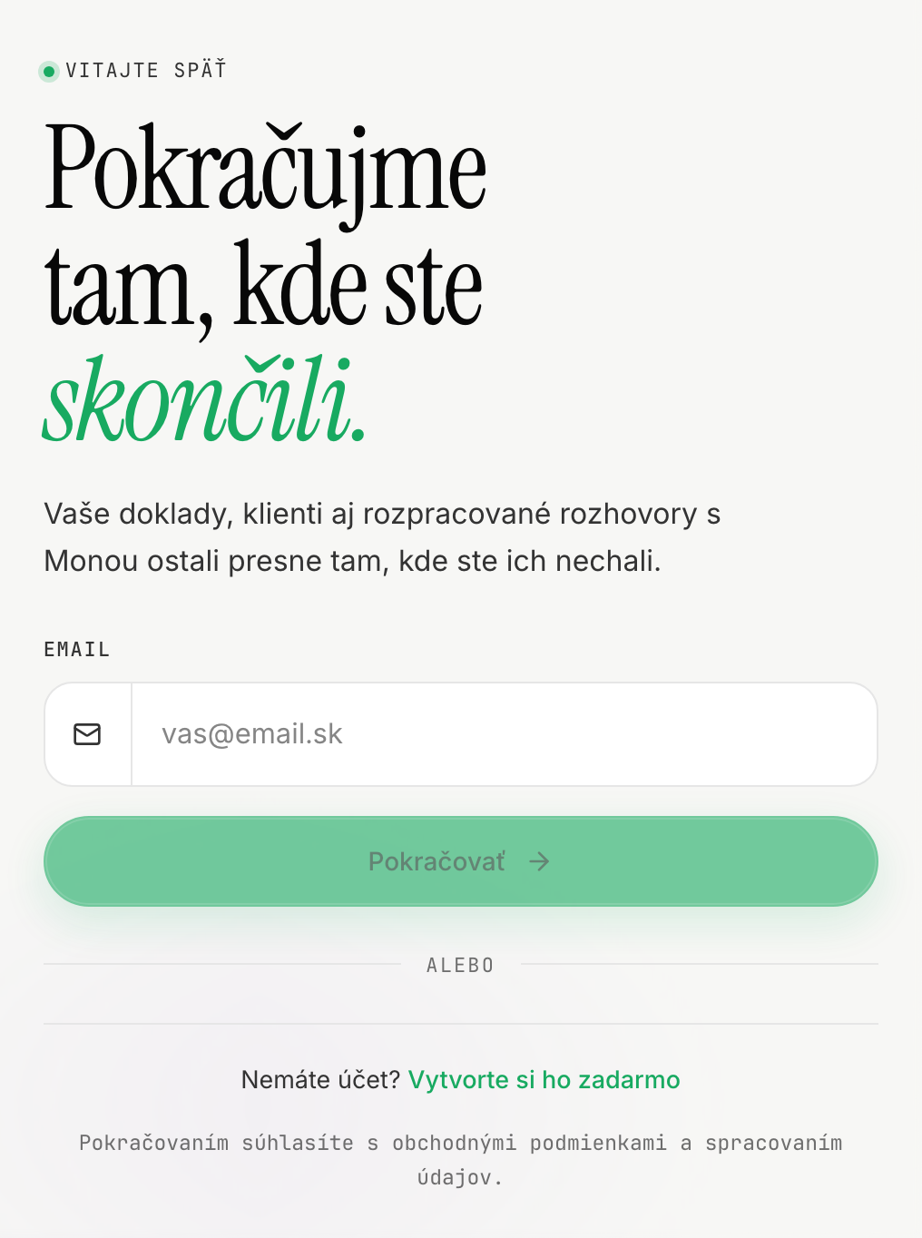 Prihlasovacia stránka Monivio s poľom email a tlačidlom Pokračovať cez email