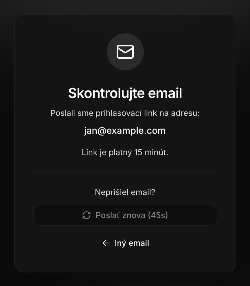 Obrazovka 'Skontrolujte email' s informáciou o odoslanom magickom odkaze
