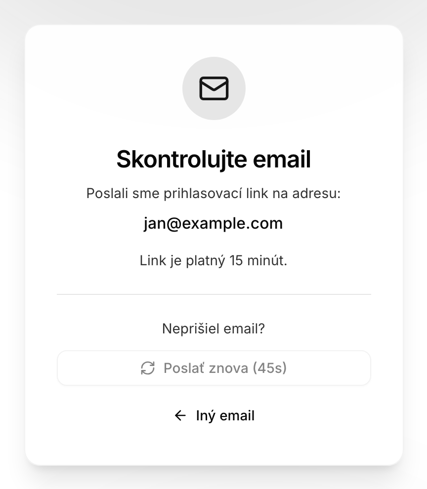 Obrazovka 'Skontrolujte email' s informáciou o odoslanom magickom odkaze