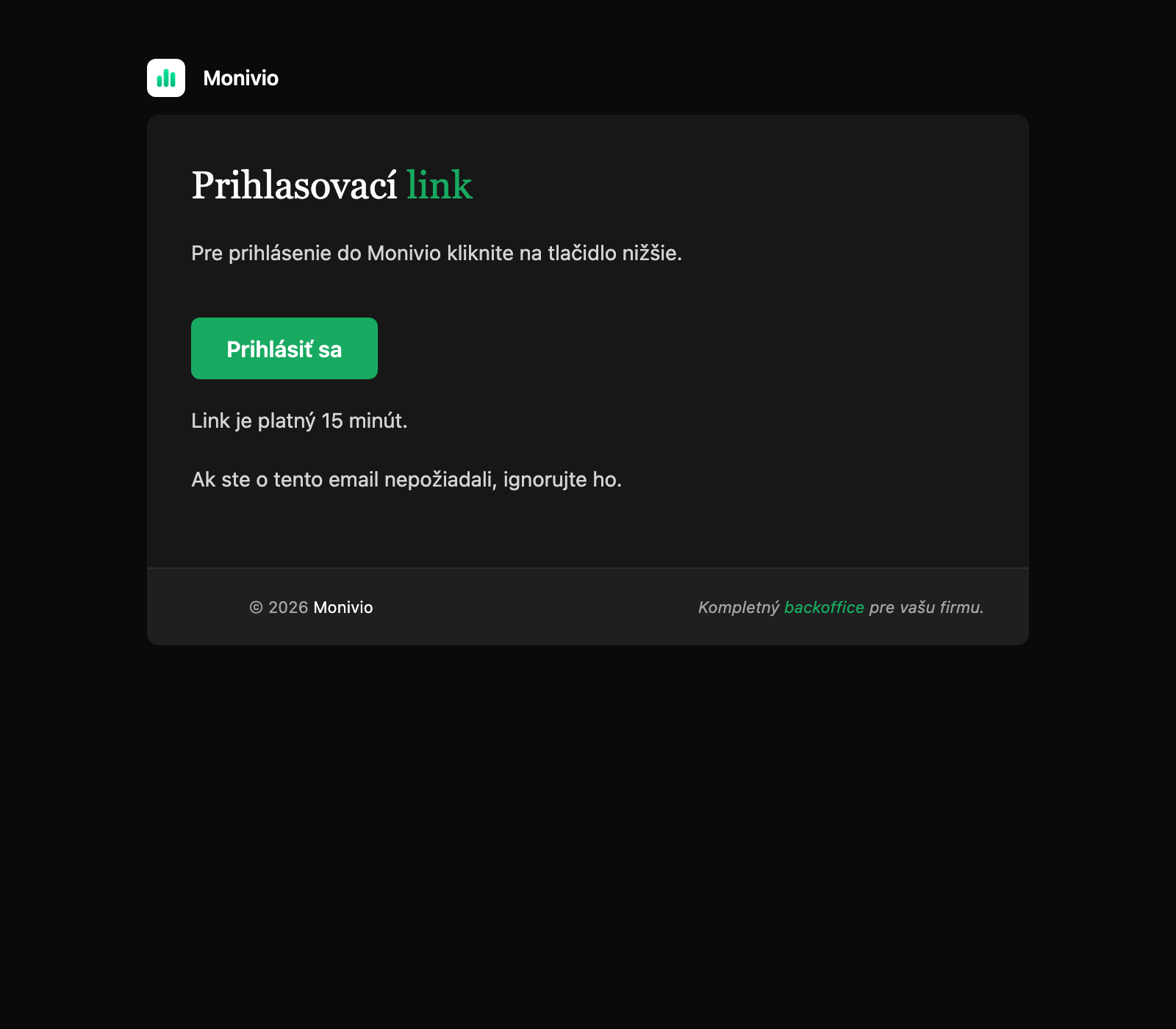 Email s tlačidlom Prihlásiť sa
