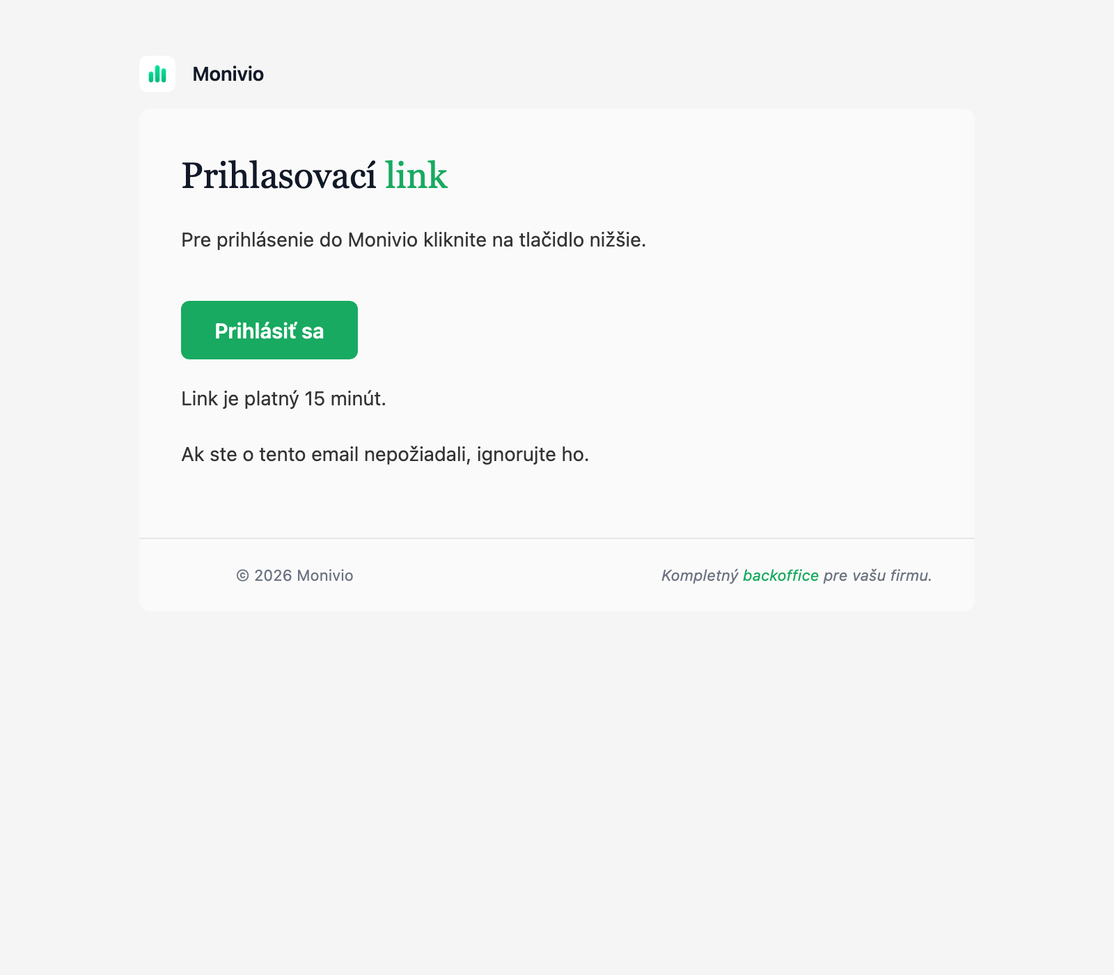 Email s tlačidlom Prihlásiť sa